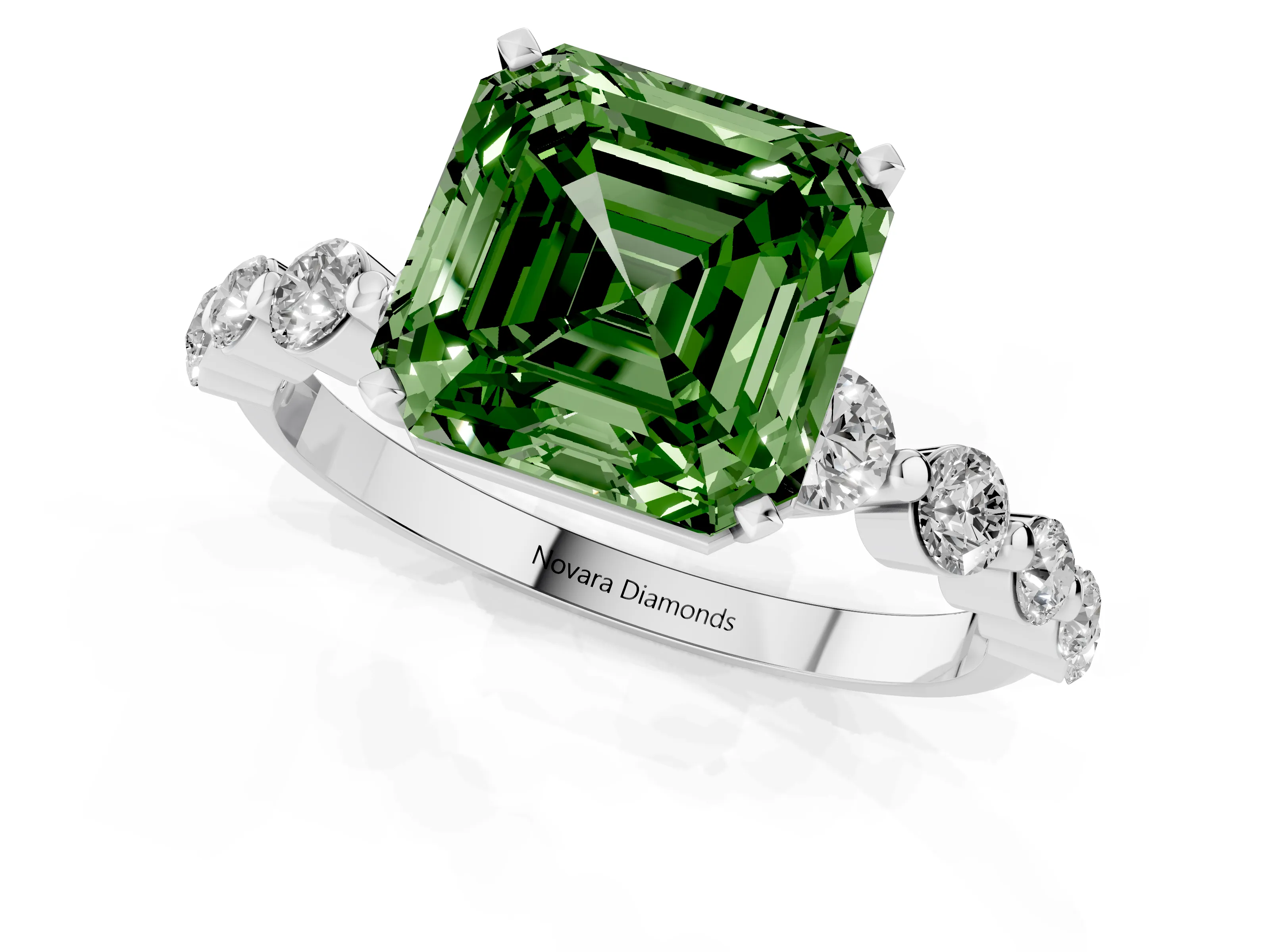 Fancy Green Asscher Cut Diamond Solitaire Ring Set in Platinum with Pavé Band and Prong Setting