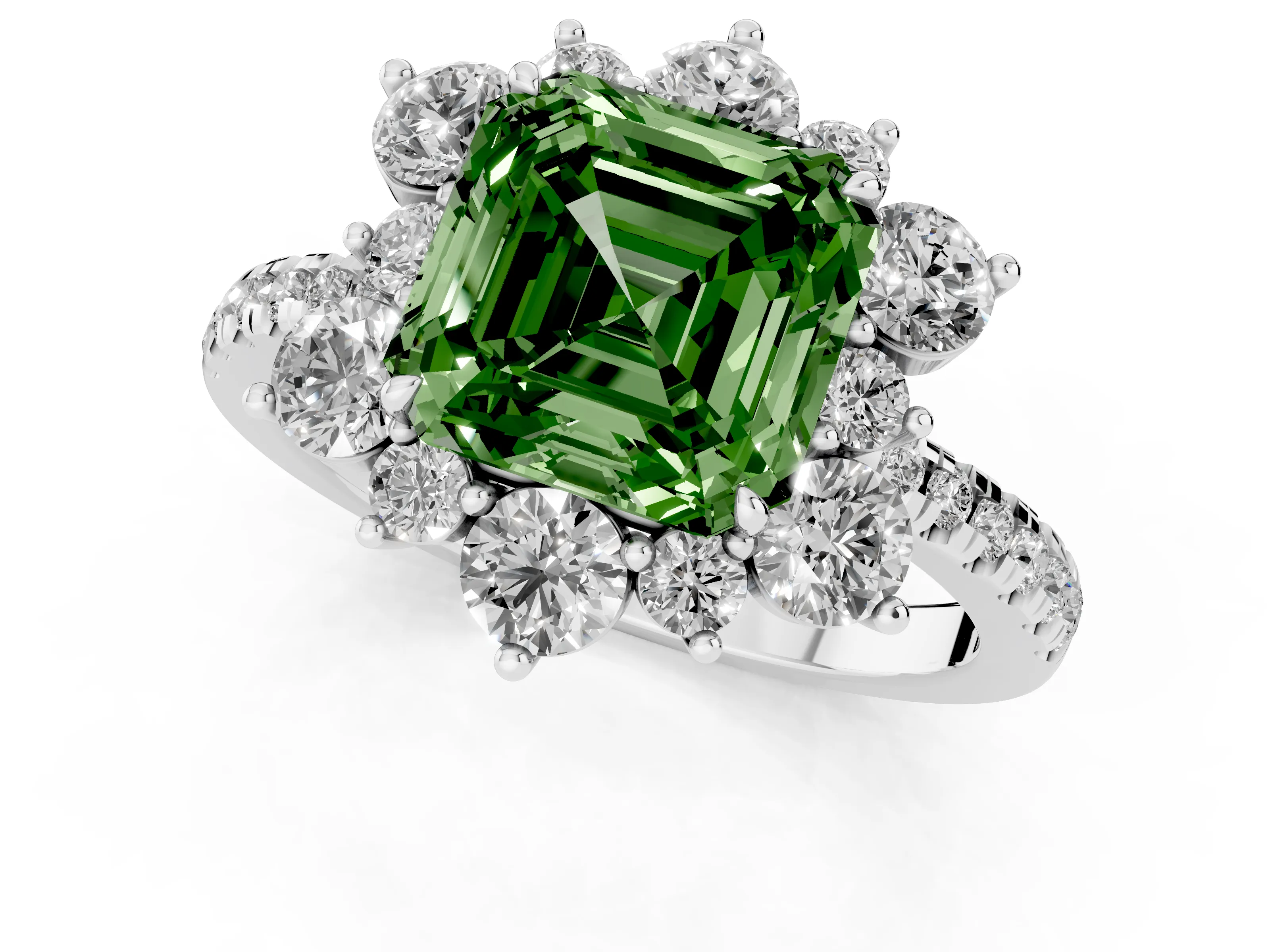Fancy Green Asscher Cut Diamond Floral Halo Ring Set in Platinum with Round Pavé Band and Prong Setting