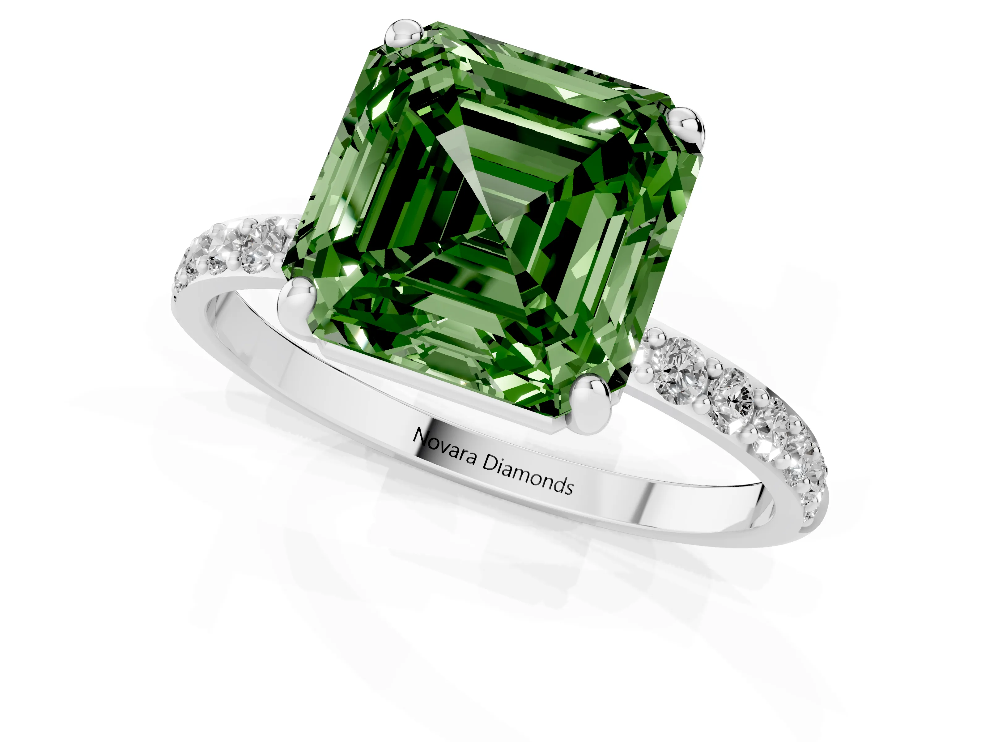 Fancy Green Asscher Cut Diamond Solitaire Ring Set in Silver with Round Pavé Band and Prong Setting