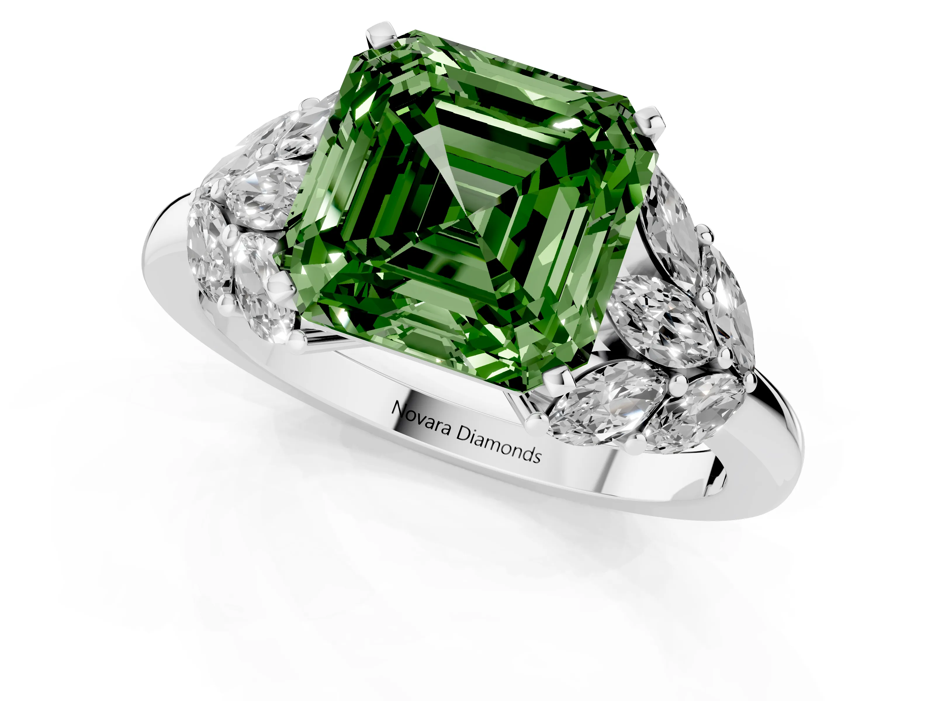 Fancy Green Asscher Cut Diamond Cluster Leaf Design Ring Set in White gold with Prong Setting