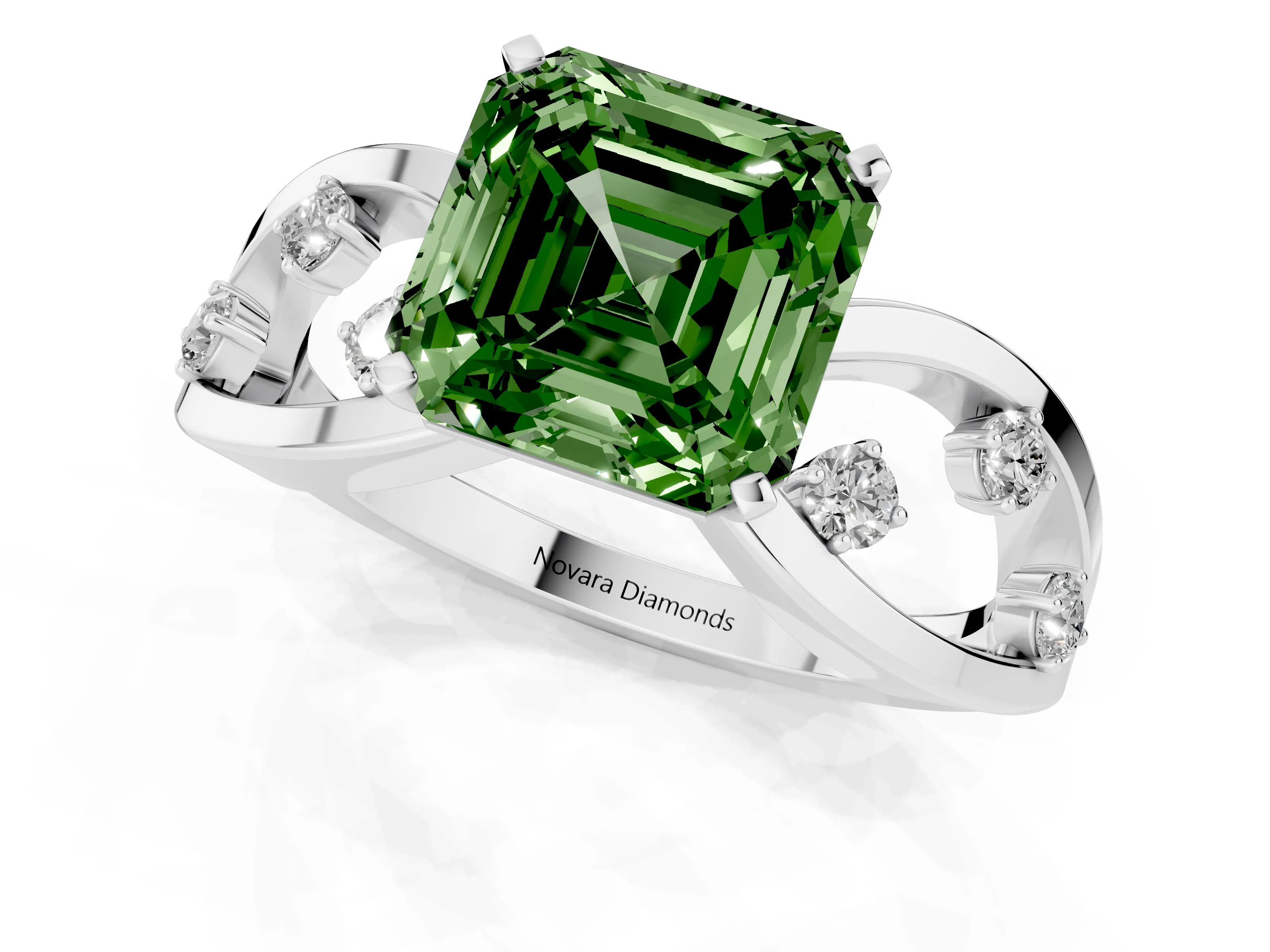 Fancy Green Asscher Cut Diamond Solitaire Ring Set in Silver with Side Stones on Criss-Cross Band and Prong Setting