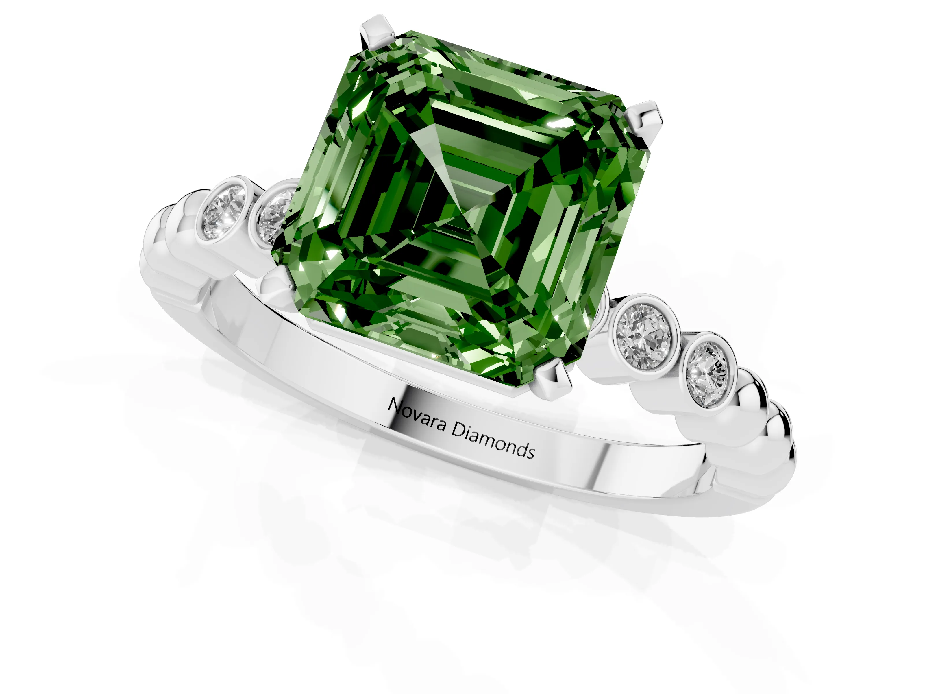 Fancy Green Asscher Cut Diamond Solitaire Engagement Ring Set in White gold with Bezel Accents on Beaded Band