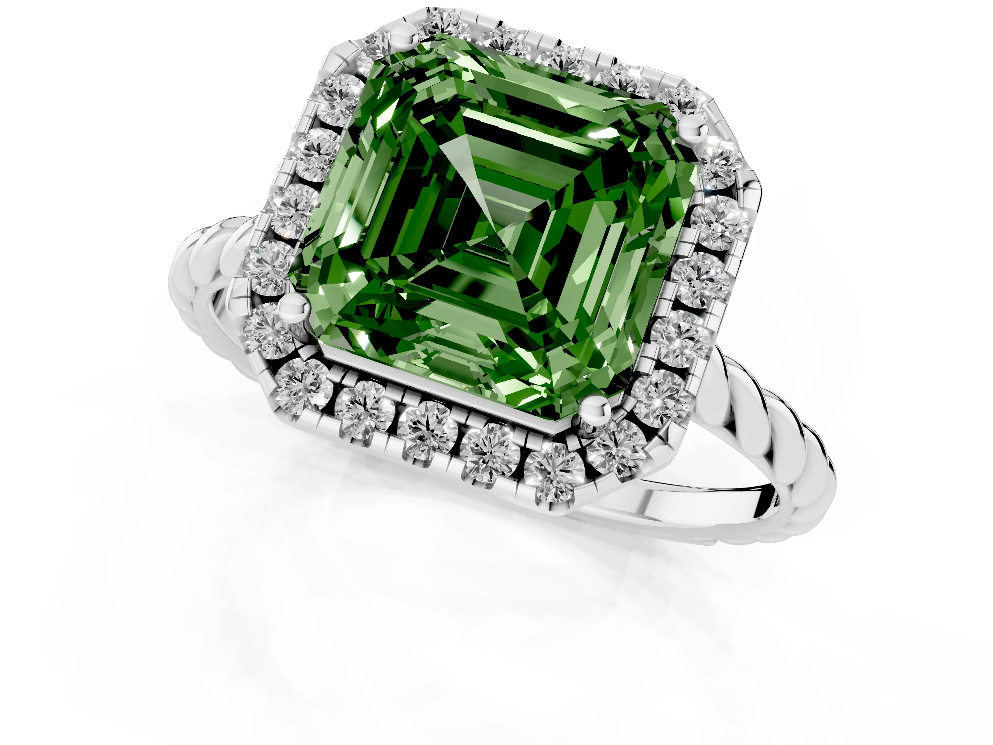 Fancy Green Asscher Cut Diamond Halo Ring Set in Platinum with Plain Twisted Band