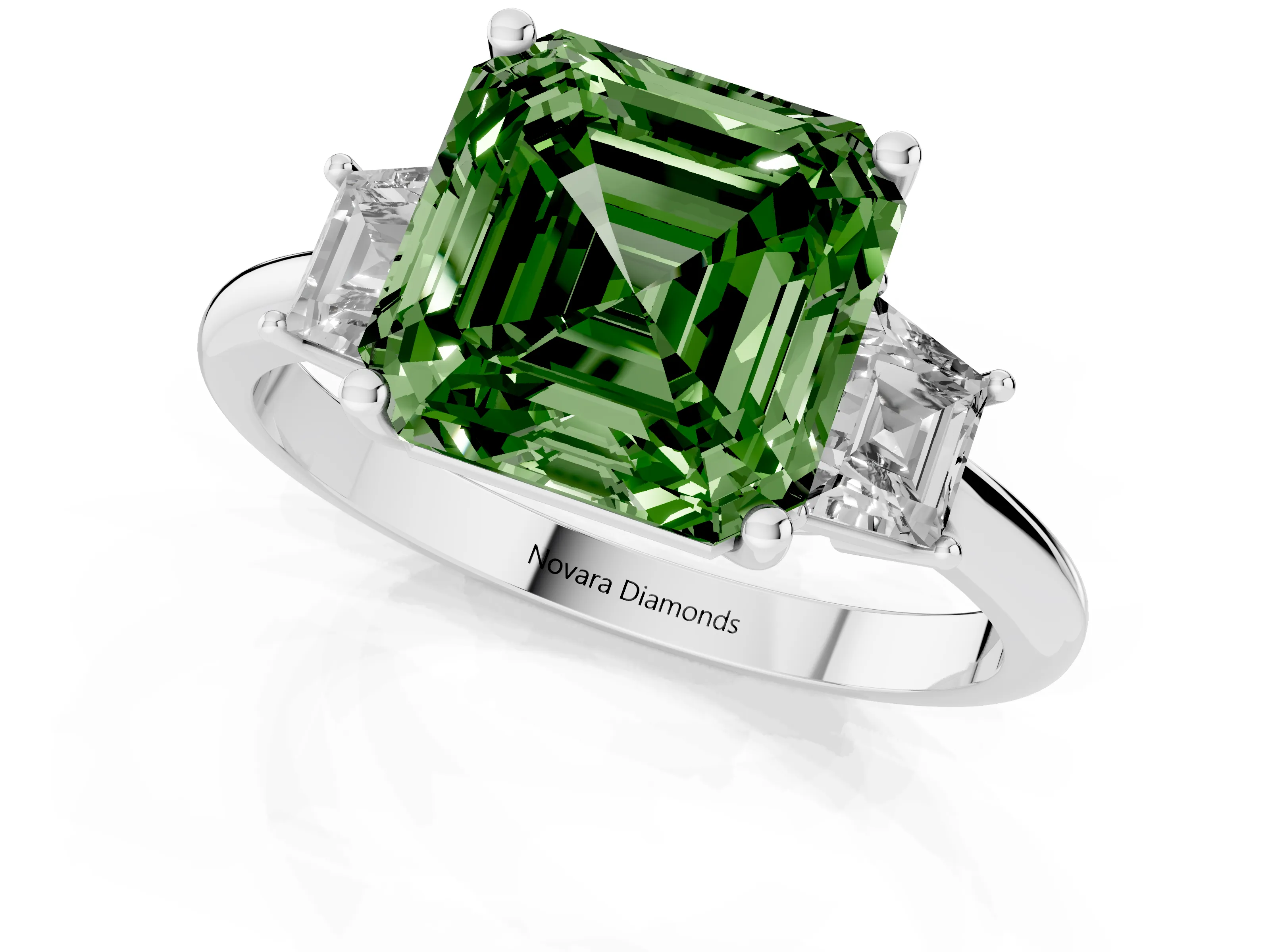 Fancy Green Asscher Cut Diamond Three-Stone Ring Set in Silver with Trapezoid Side Stones and Prong Setting