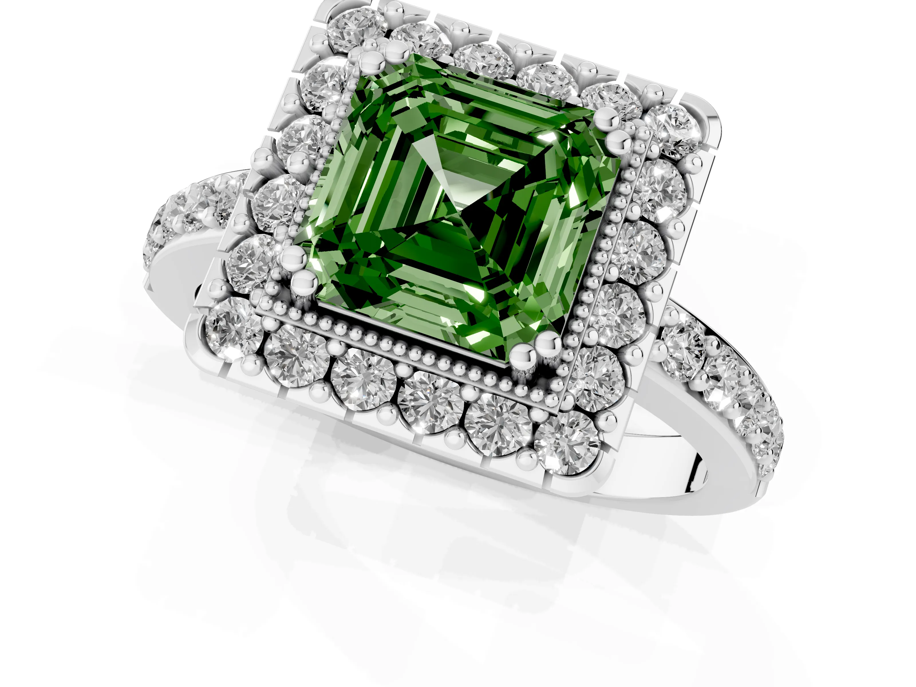 Fancy Green Asscher Cut Diamond Halo Ring Set in White gold with Pavé Shank and Prong Setting