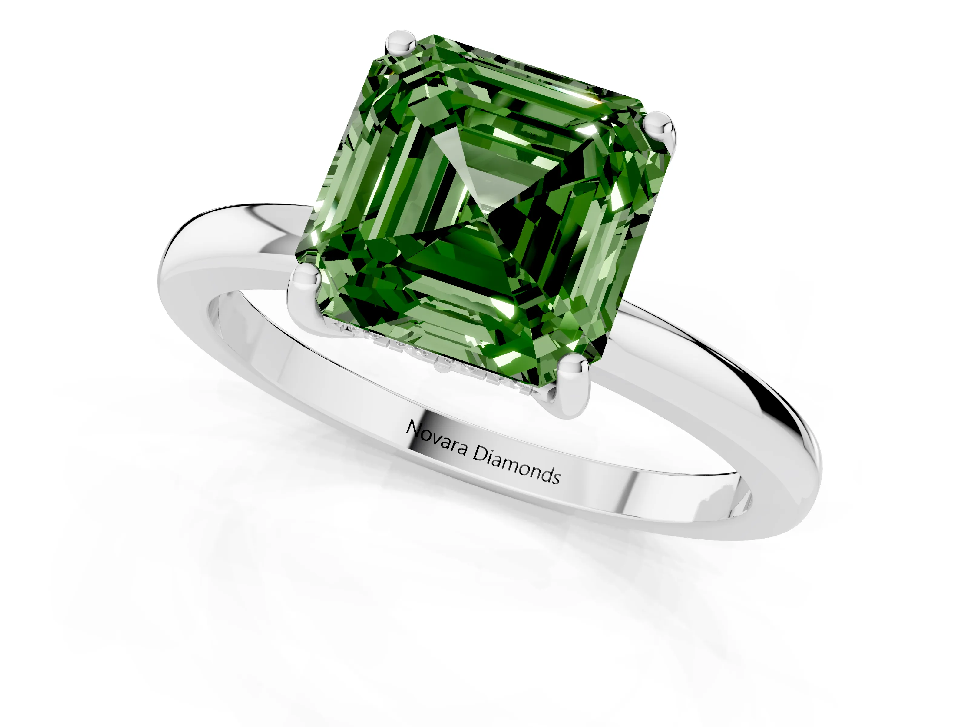 Fancy Green Asscher Cut Diamond Solitaire Ring Set in Platinum with Plain Band and Prong Setting