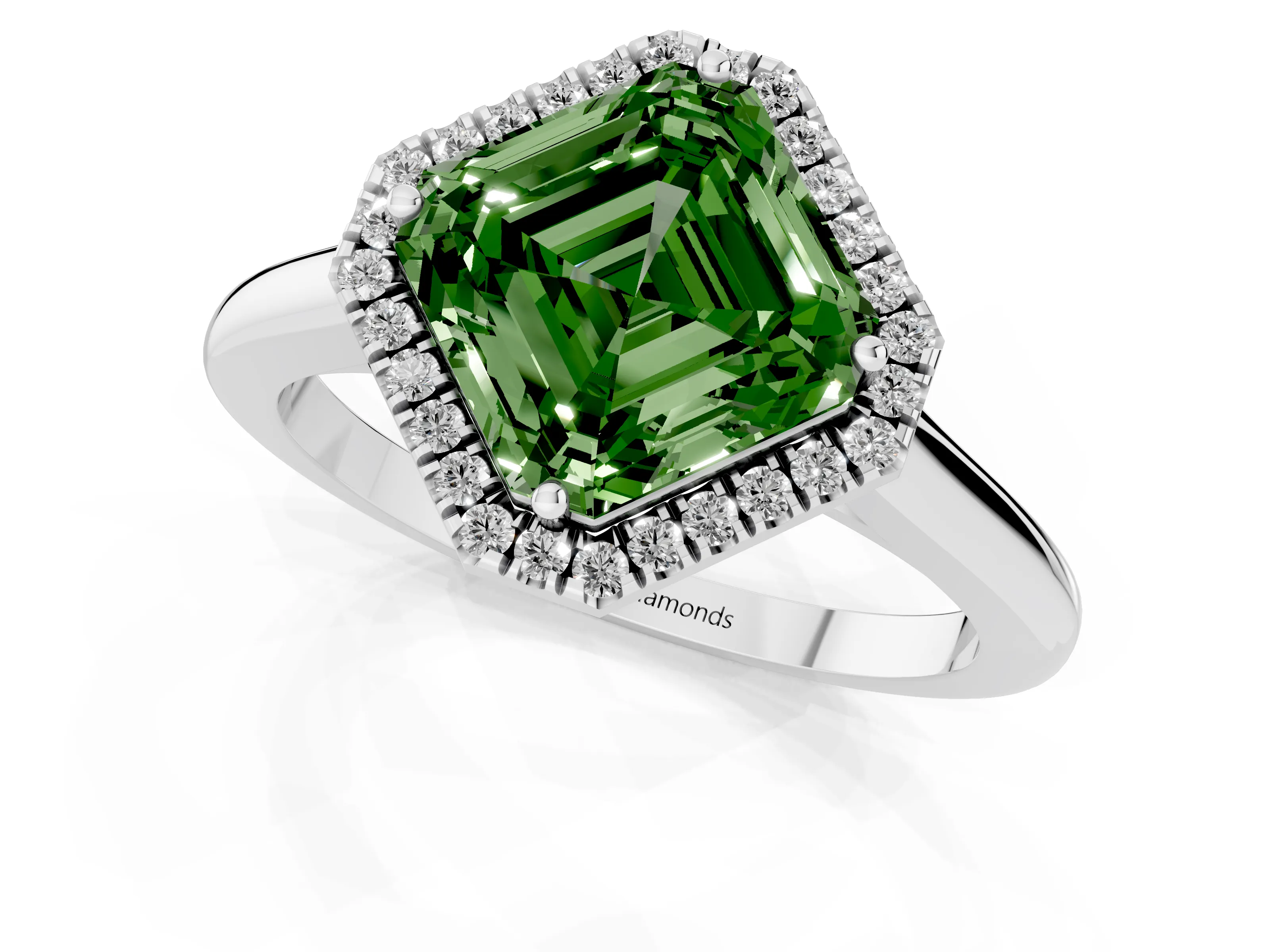 Fancy Green Asscher Cut Diamond Halo Engagement Ring Set in White gold with Pavé Band and Rising Shoulders – second view