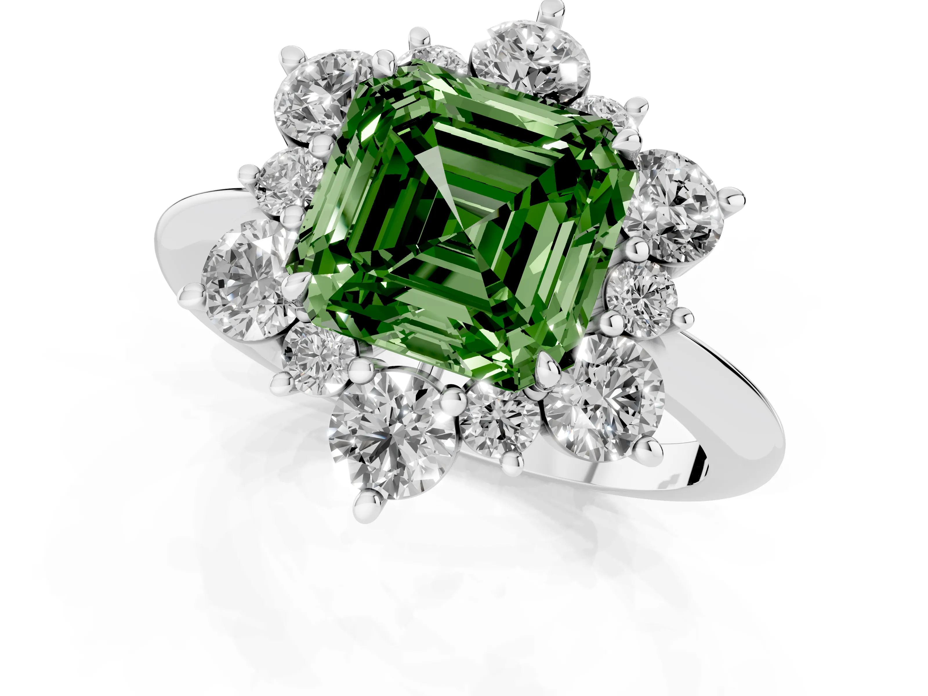 Fancy Green Asscher Cut Diamond Cluster Halo Ring Set in Silver with Solitaire Band and Prong Setting