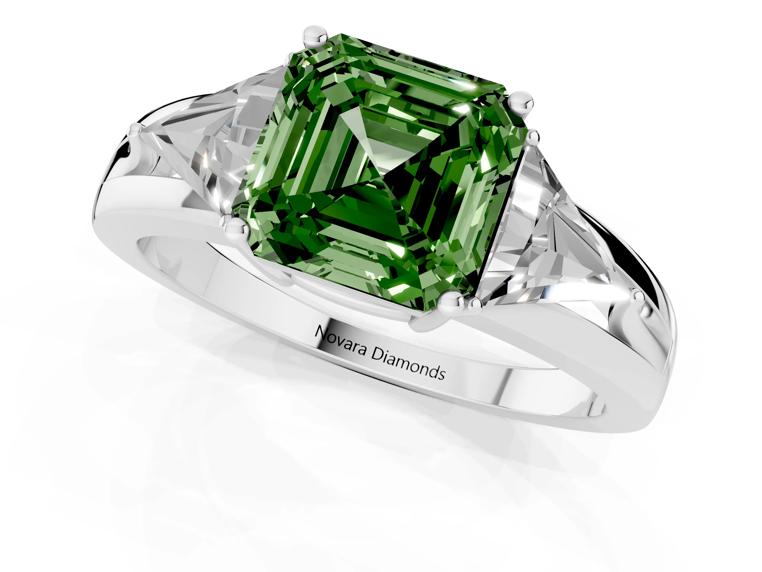 Fancy Green Asscher Cut Diamond Three-Stone Ring Set in White gold with Trillion Side Stones and Split Shank