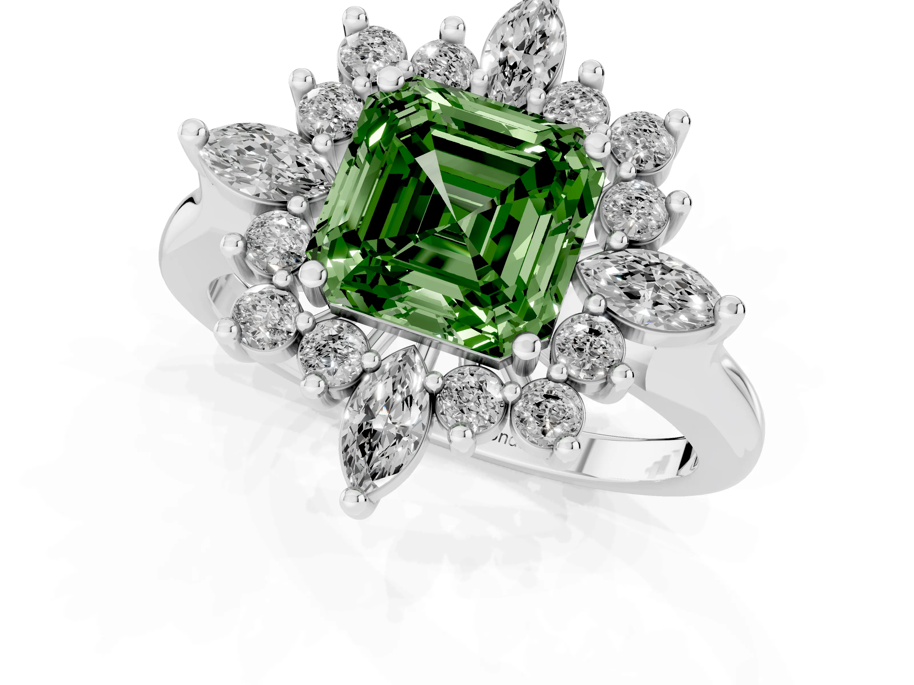 Fancy Green Asscher Cut Diamond Cluster Halo Ring Set in White gold with Marquise and Round Accents