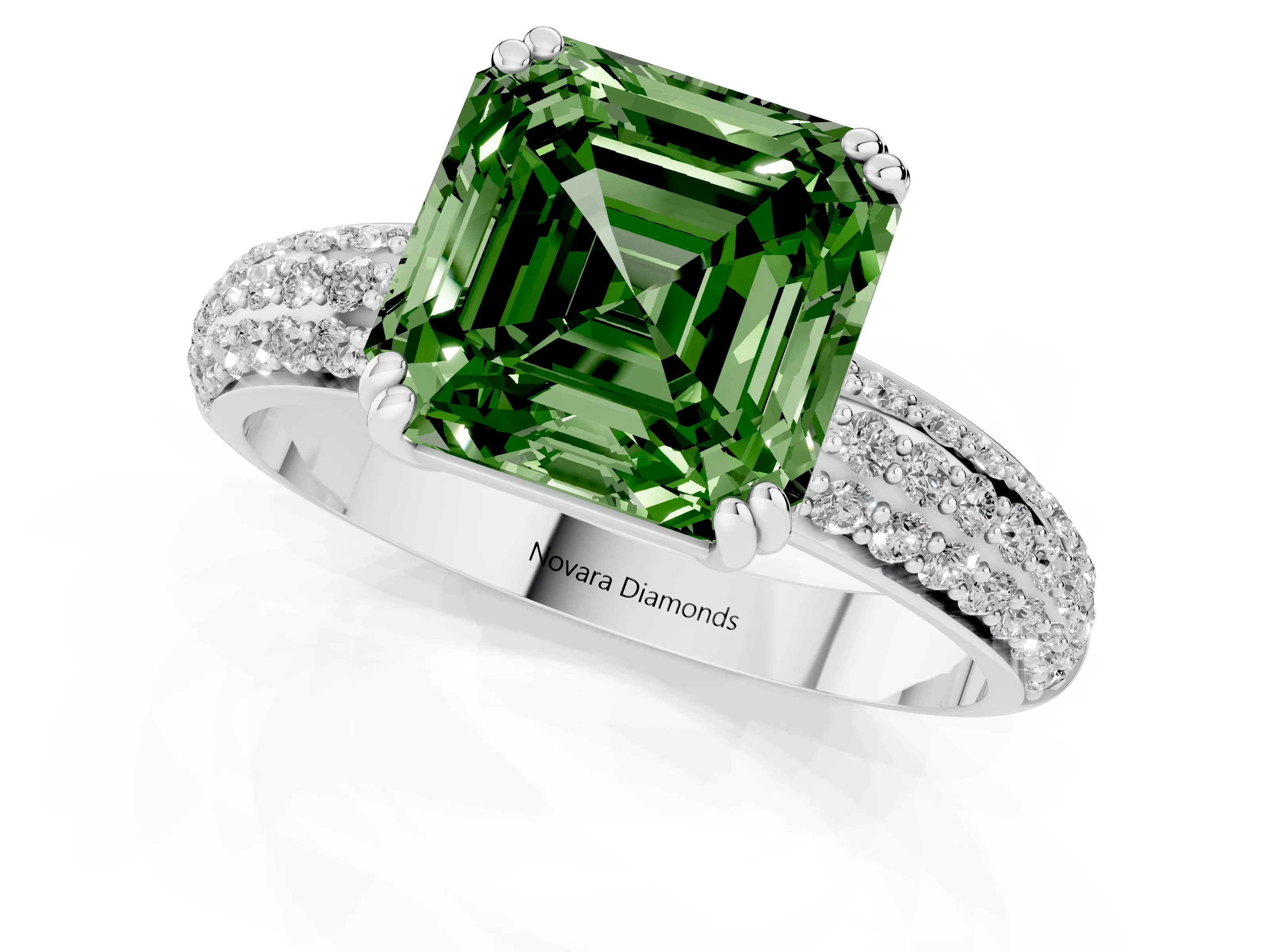 Fancy Green Asscher Cut Diamond Solitaire Ring Set in Platinum with Multi-Row Round Pavé Band and Prong Setting