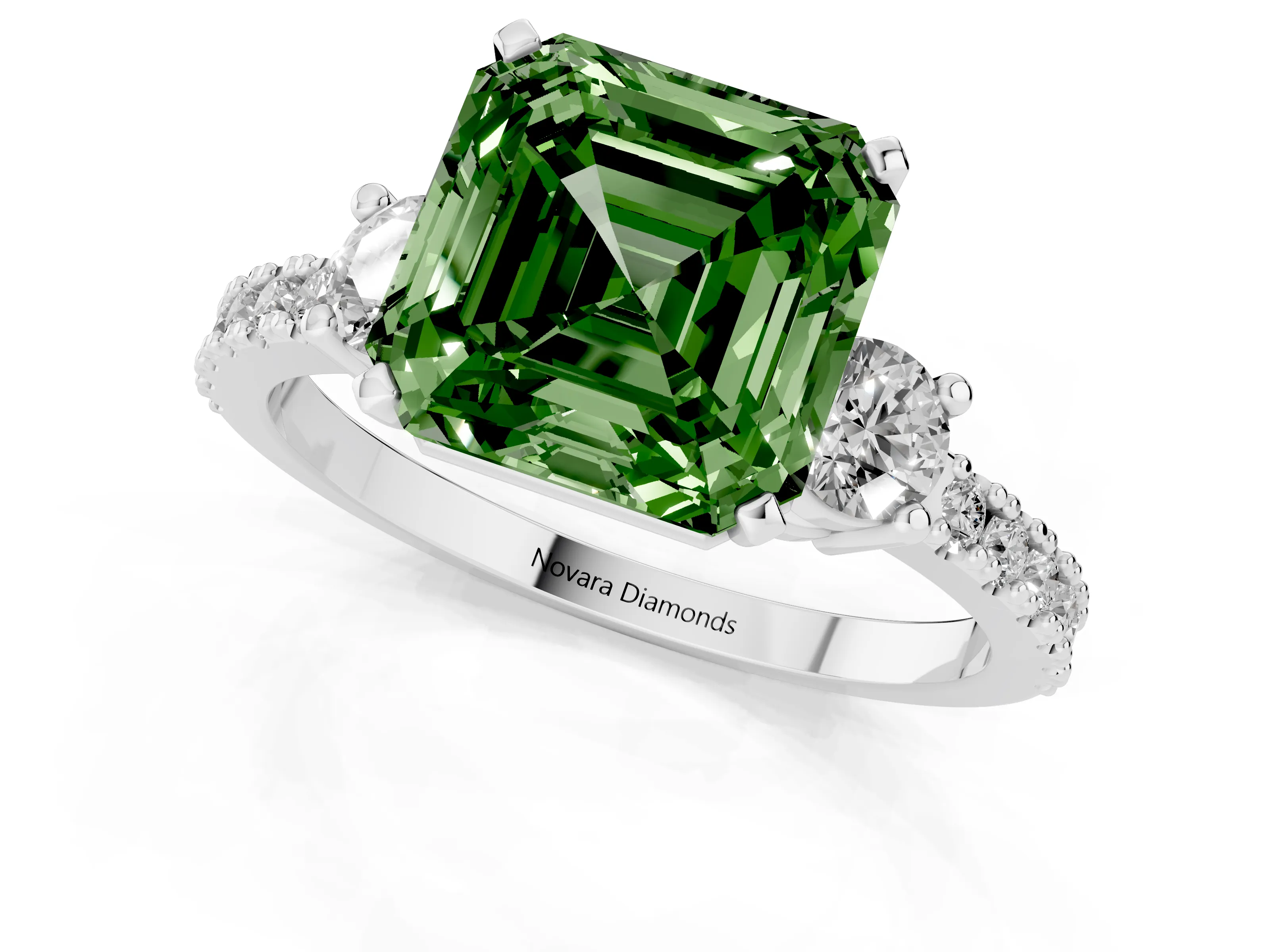 Fancy Green Three-Stone Asscher Cut Diamond Pavé Band Ring Set in Silver with Prong Setting