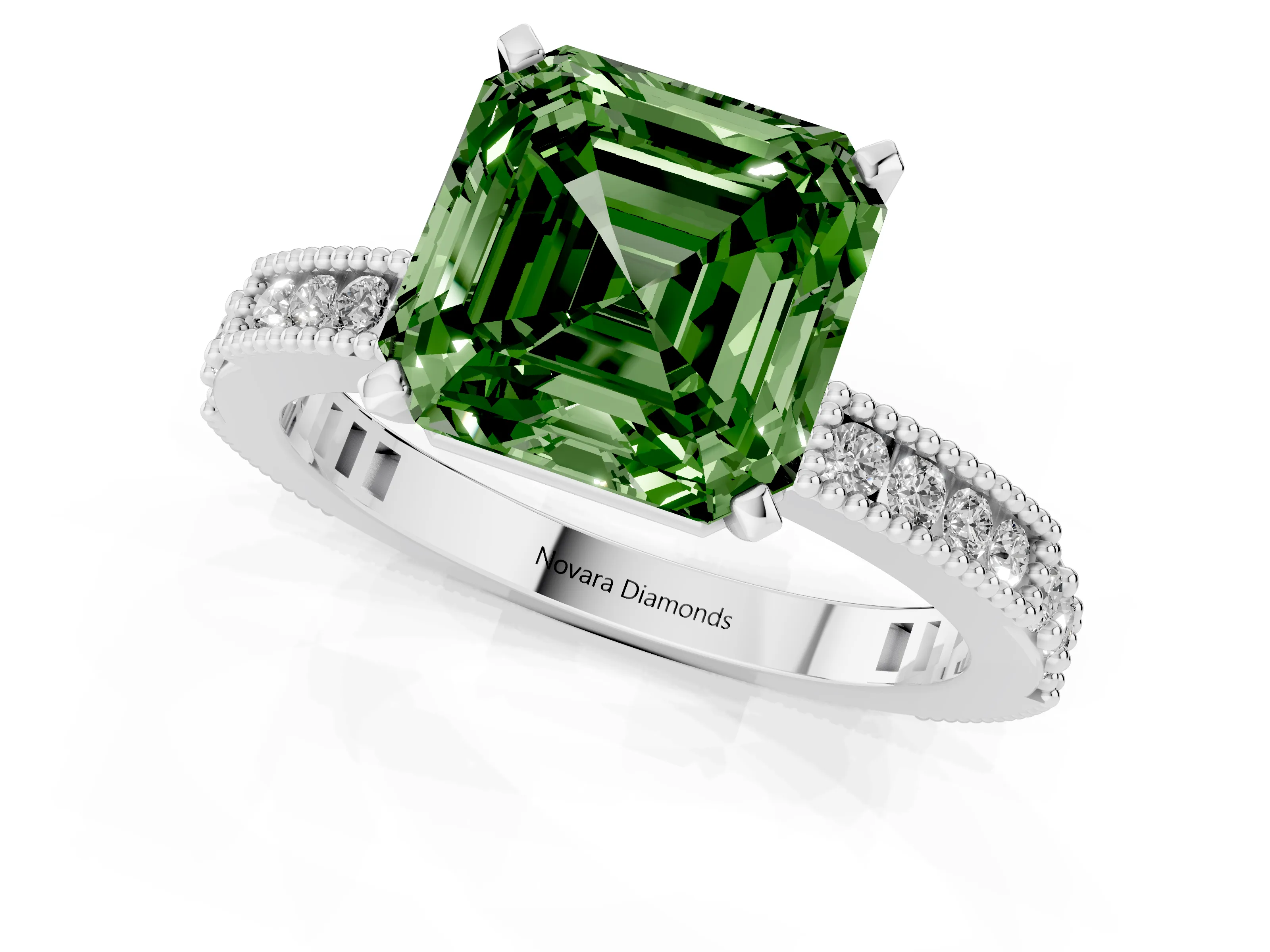 Fancy Green Asscher Cut Diamond Solitaire Ring Set in Platinum with Slim Pavé Band and Prong Setting