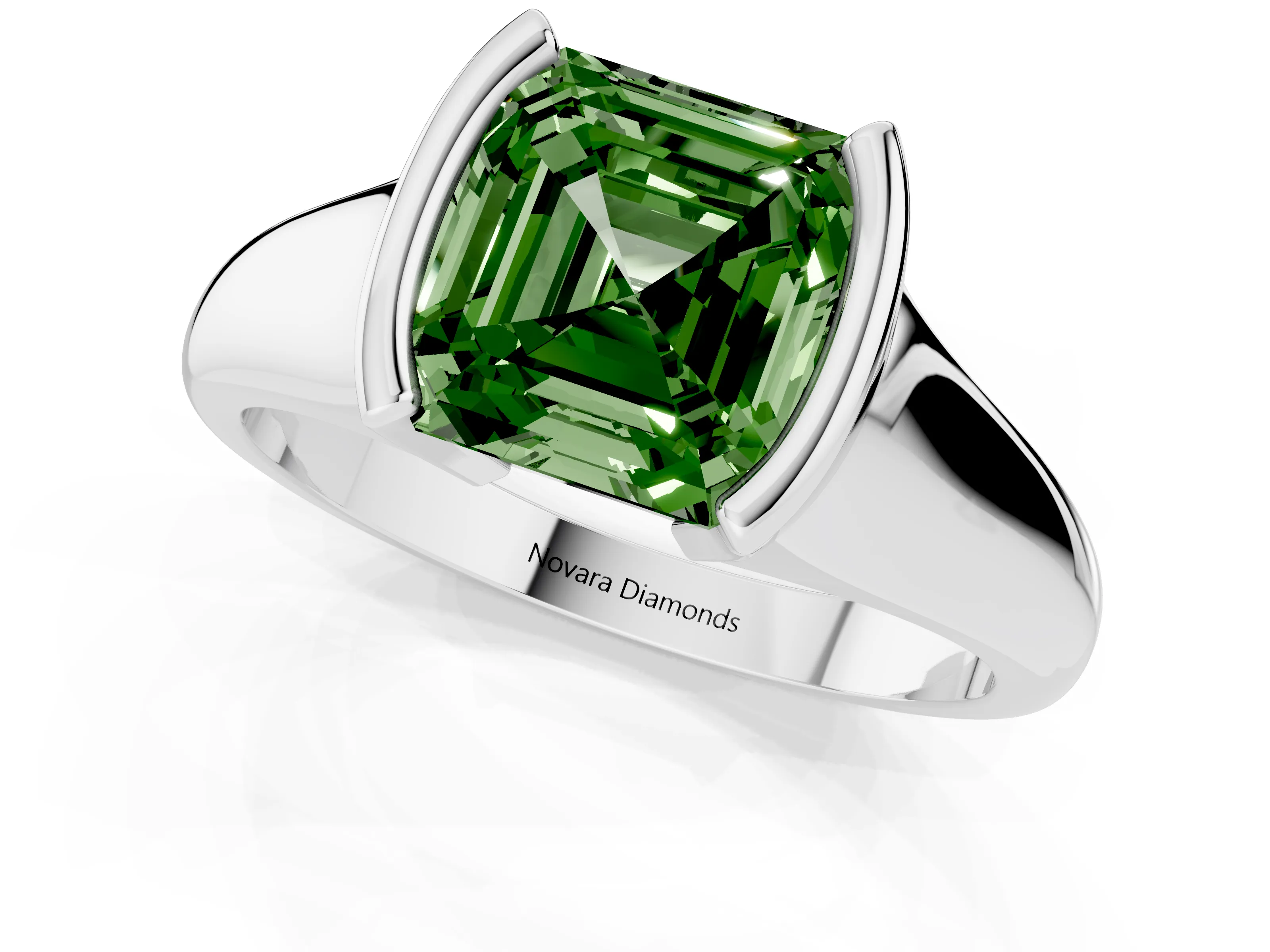 Fancy Green Asscher Cut Diamond Solitaire Tension Set Ring Set in Platinum with Split Shank Band