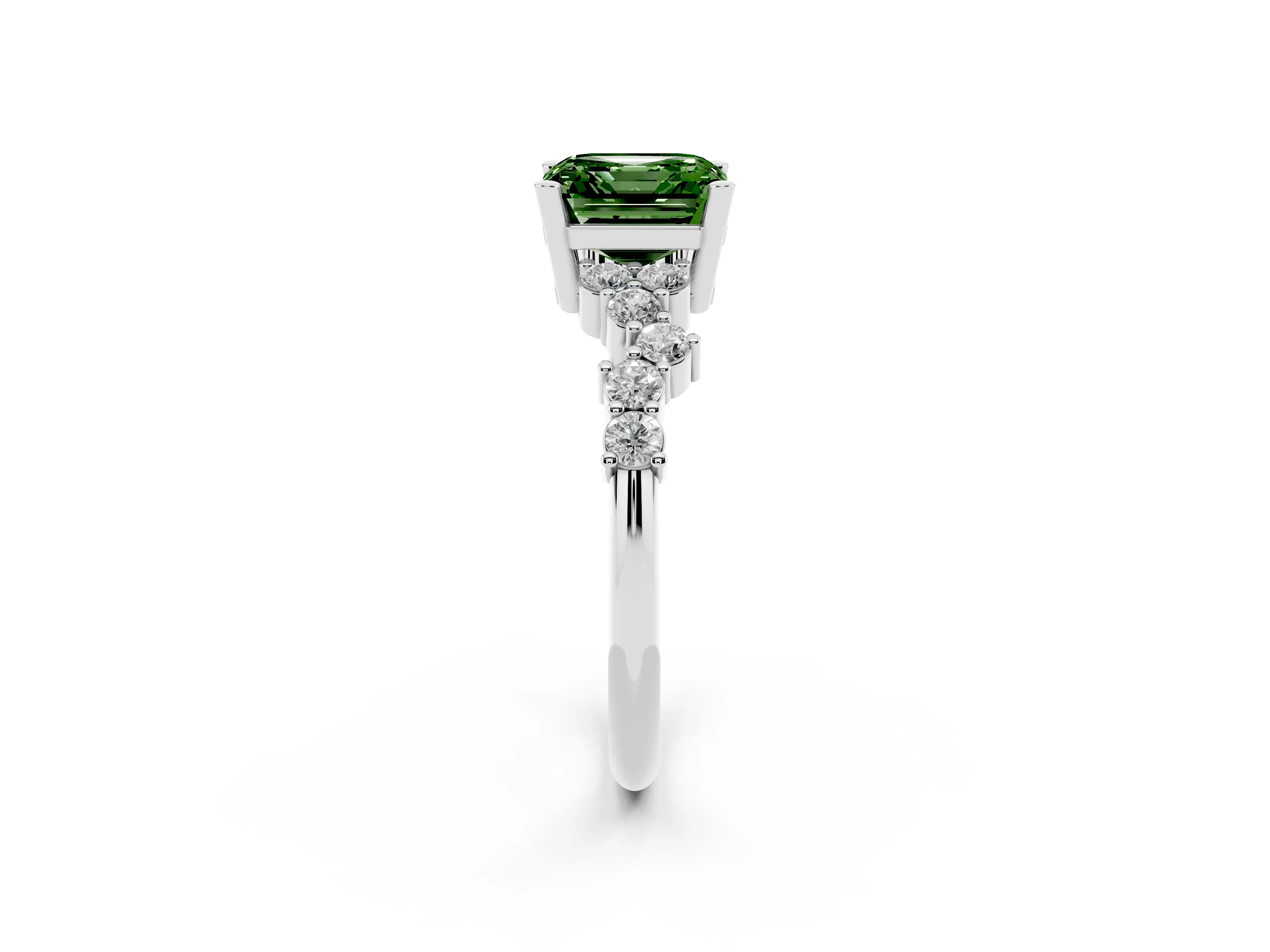 Fancy Green Asscher Cut Diamond Ring Set in Silver with Scattered Round Accents