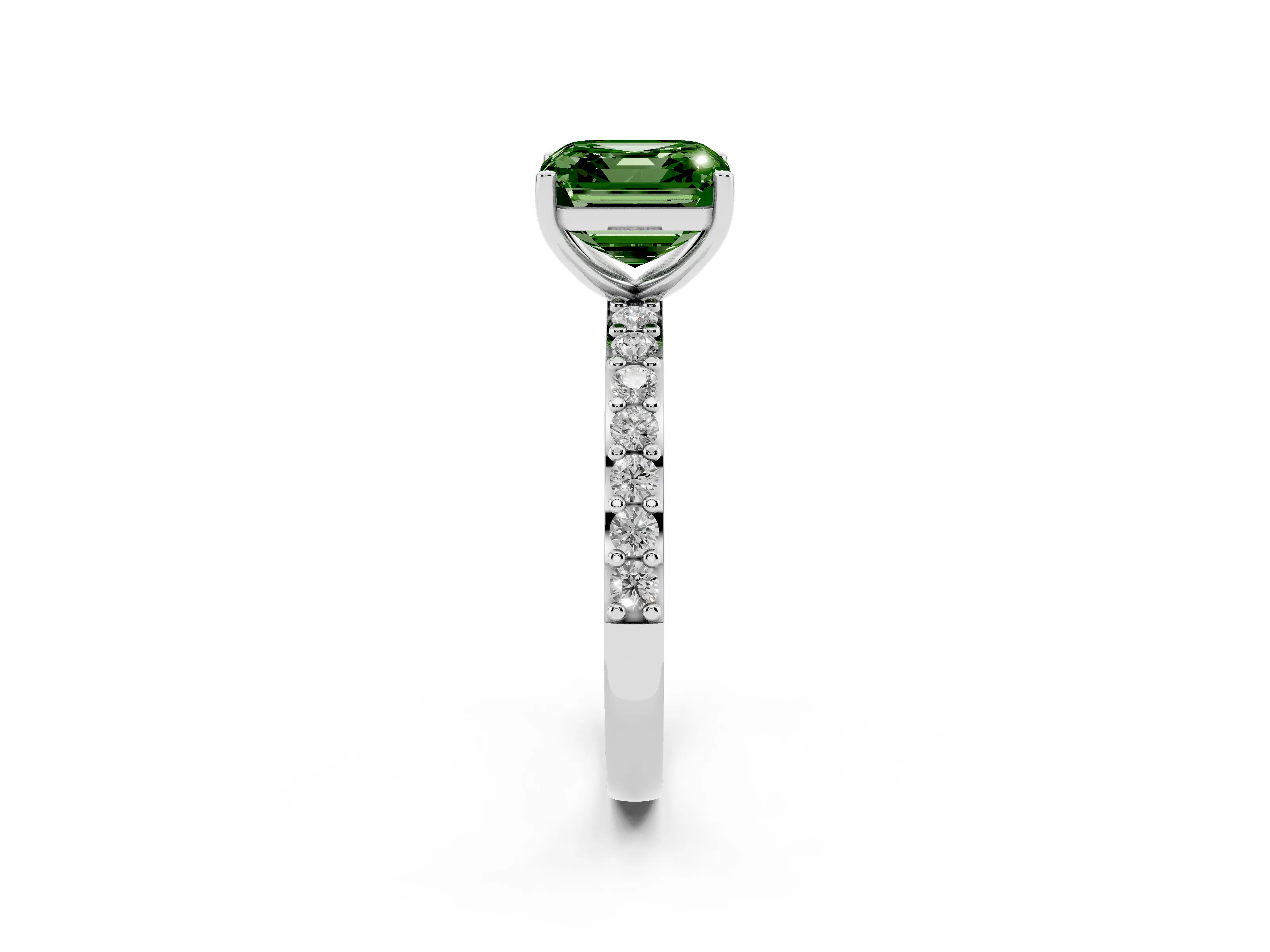 Fancy Green Asscher Cut Diamond Solitaire Set in Silver with Round Pavé Band and Prong Setting