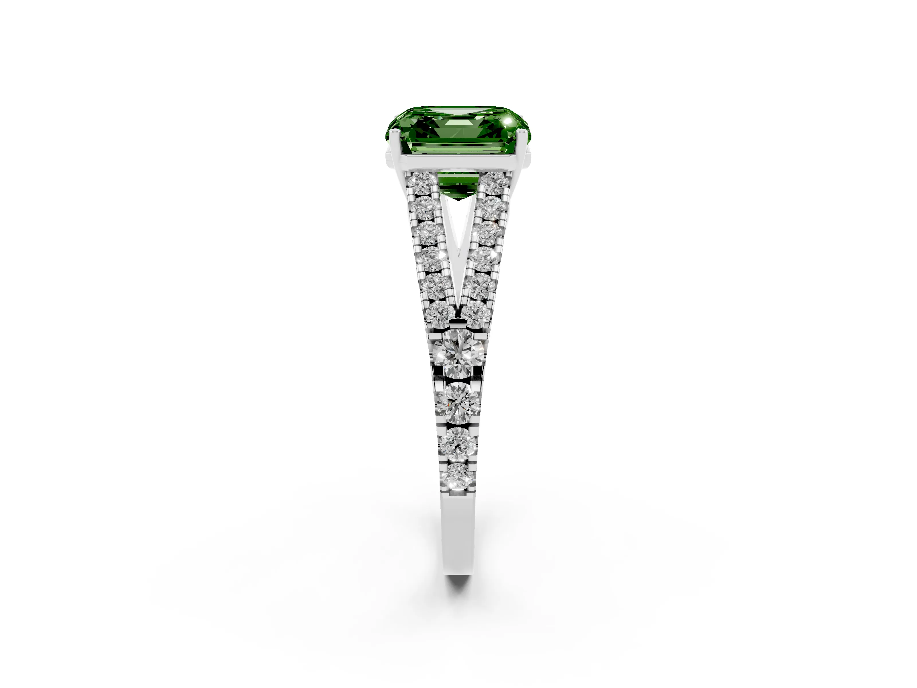 Fancy Green Asscher Cut Diamond Split Shank Engagement Ring Set in White gold with Round Pavé and Prong Setting