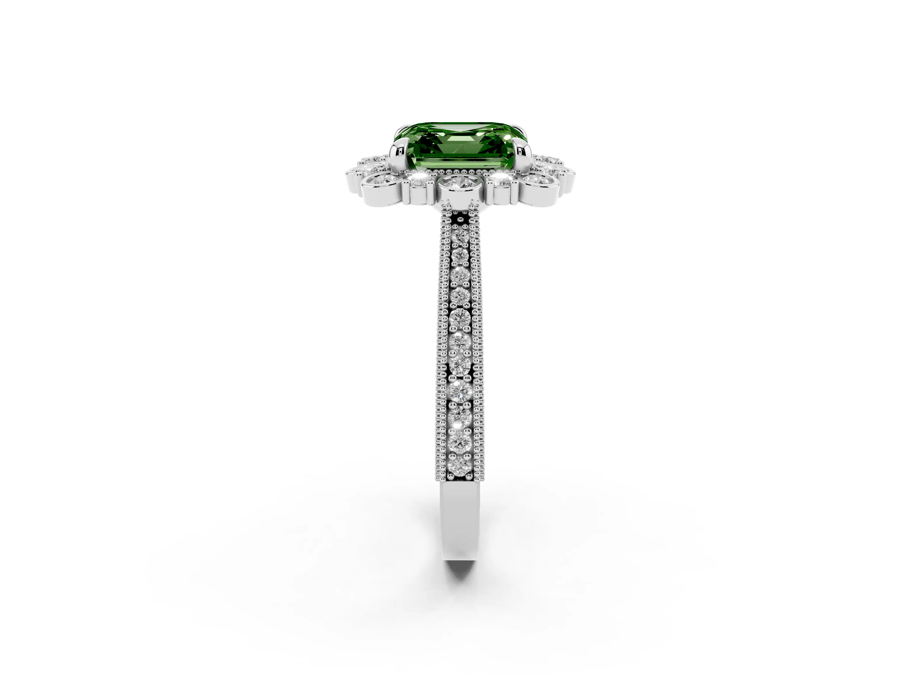 Fancy Green Asscher Cut Diamond Halo Milgrain Pavé Ring Set in White gold with Prong Setting