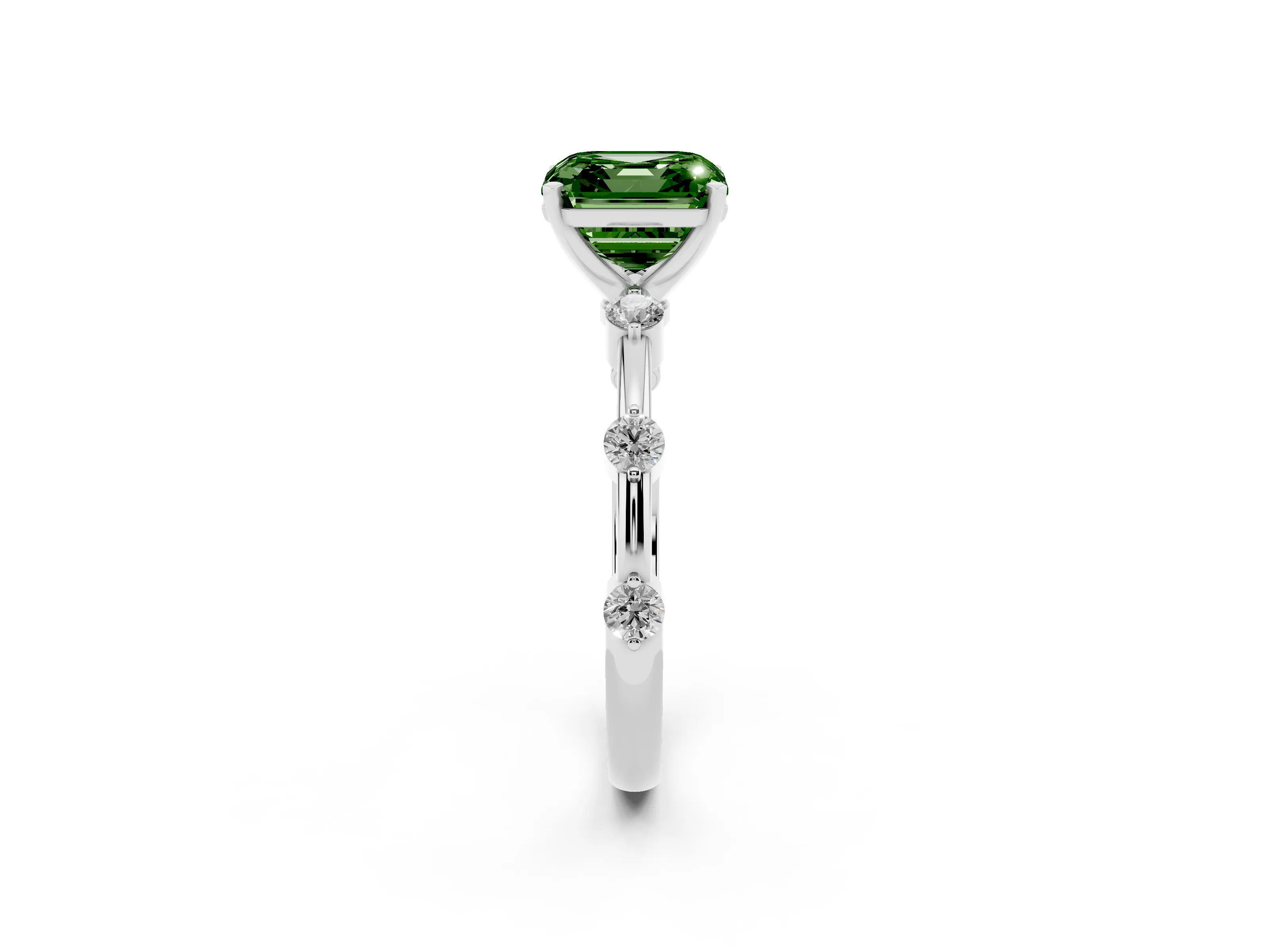 Fancy Green Asscher Cut Diamond Solitaire Ring Set in Platinum with Bezel Set Side Stones and Prong Setting
