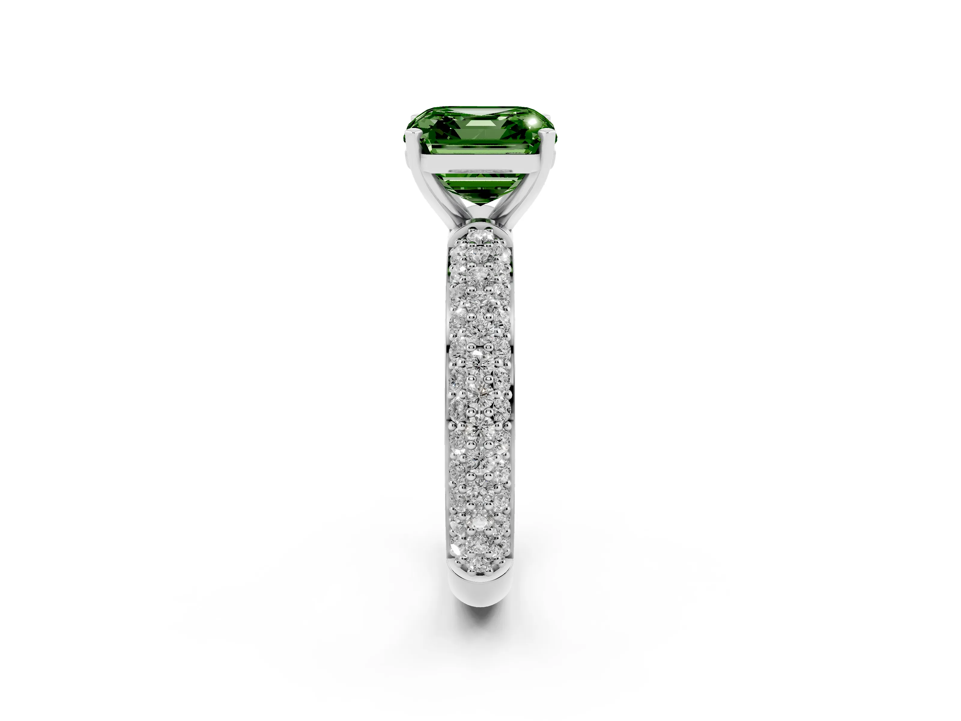 Fancy Green Asscher Cut Diamond Solitaire Ring Set in Silver with Prong Setting and Pavé-Set Band