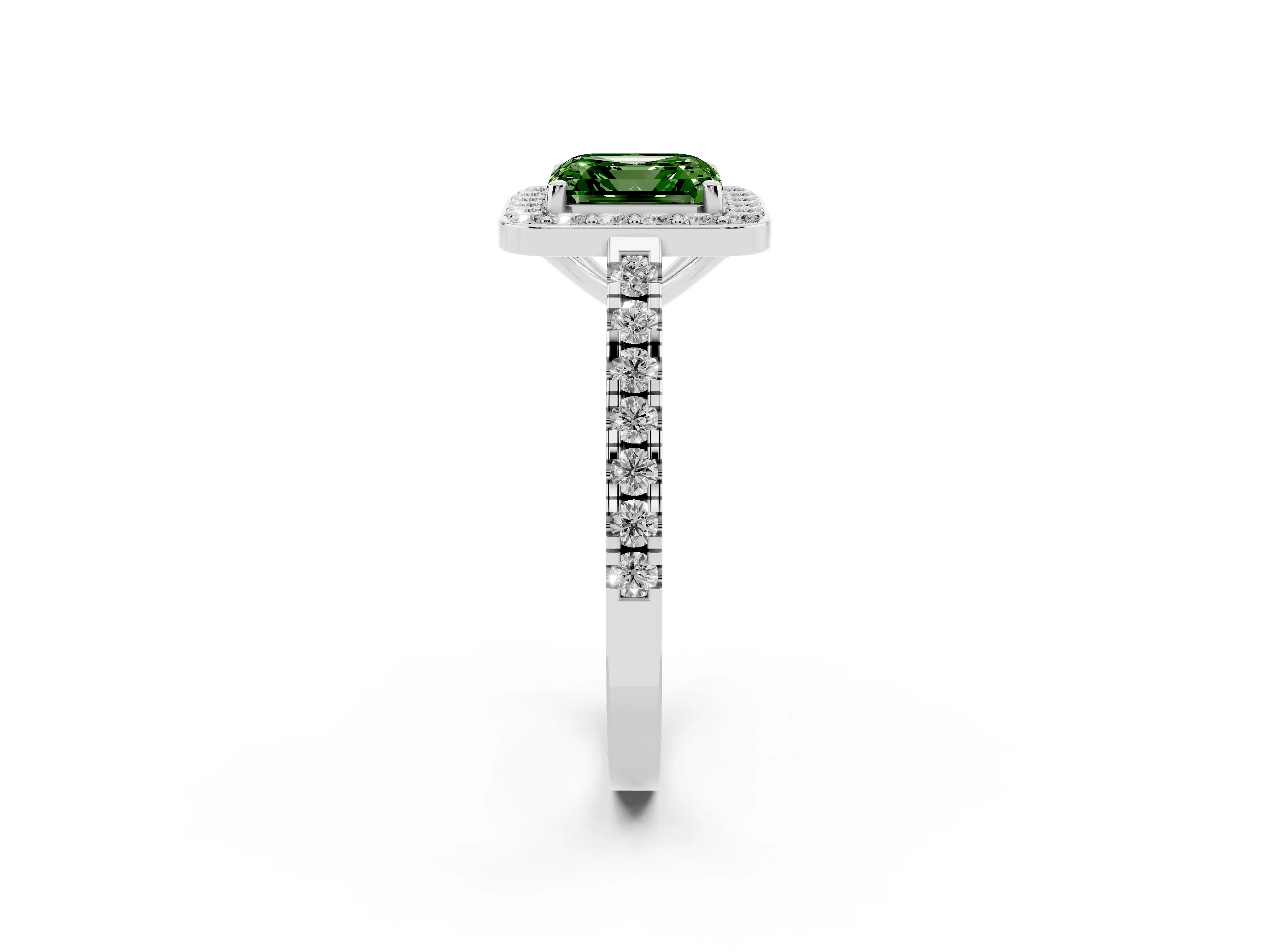 Fancy Green Asscher Cut Diamond Halo Ring Set in Platinum with Round Pavé Split Shank and Prong Setting