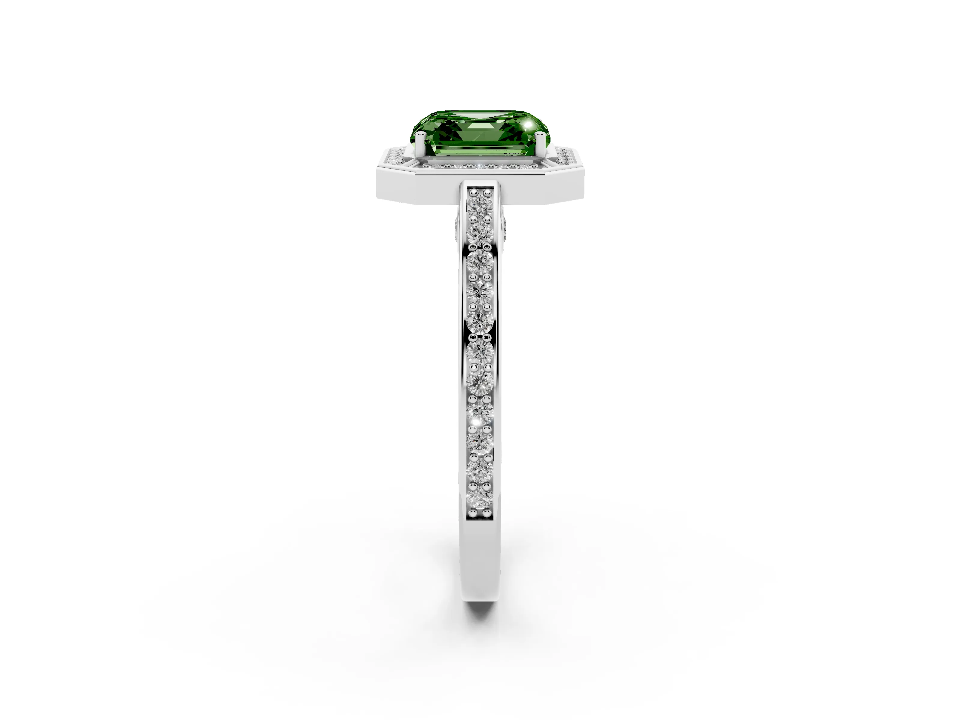 Fancy Green Asscher Cut Diamond Halo Pavé Split Shank Ring Set in White gold with Prong Setting