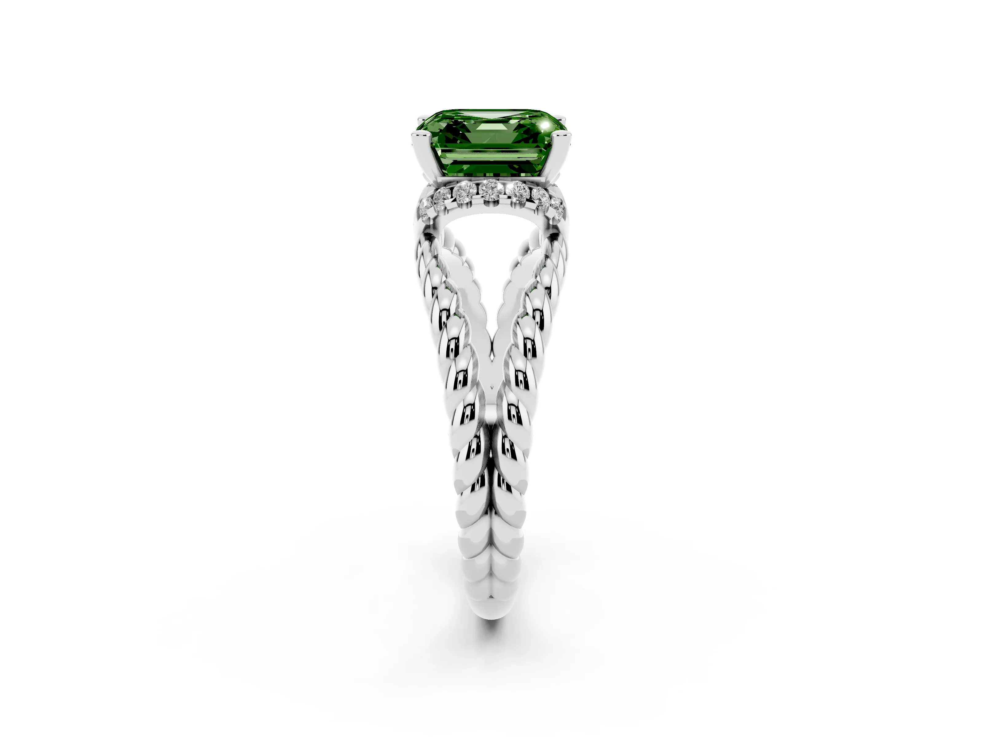 Fancy Green Asscher Cut Diamond Halo Ring Set in Silver with Twisted Band and Prong Setting