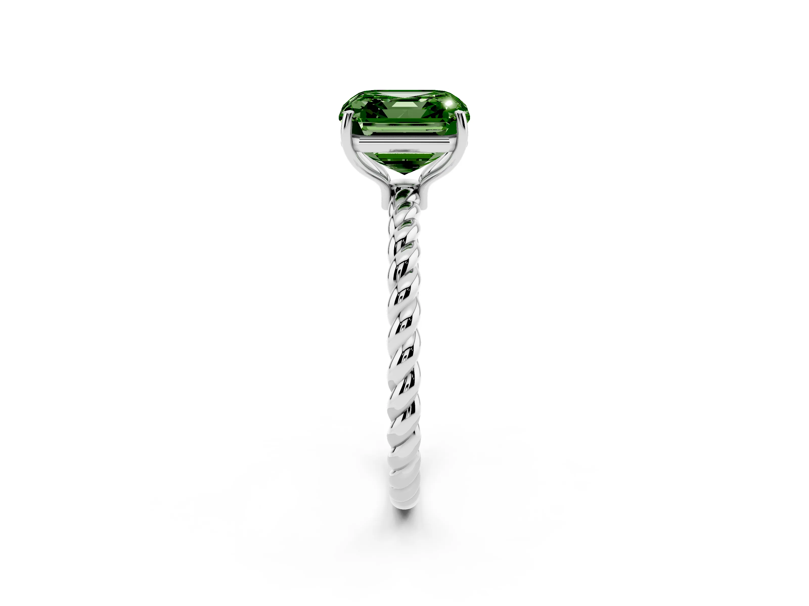 Fancy Green Asscher Cut Diamond Solitaire Ring Set in White gold with Twist Band and Prong Setting
