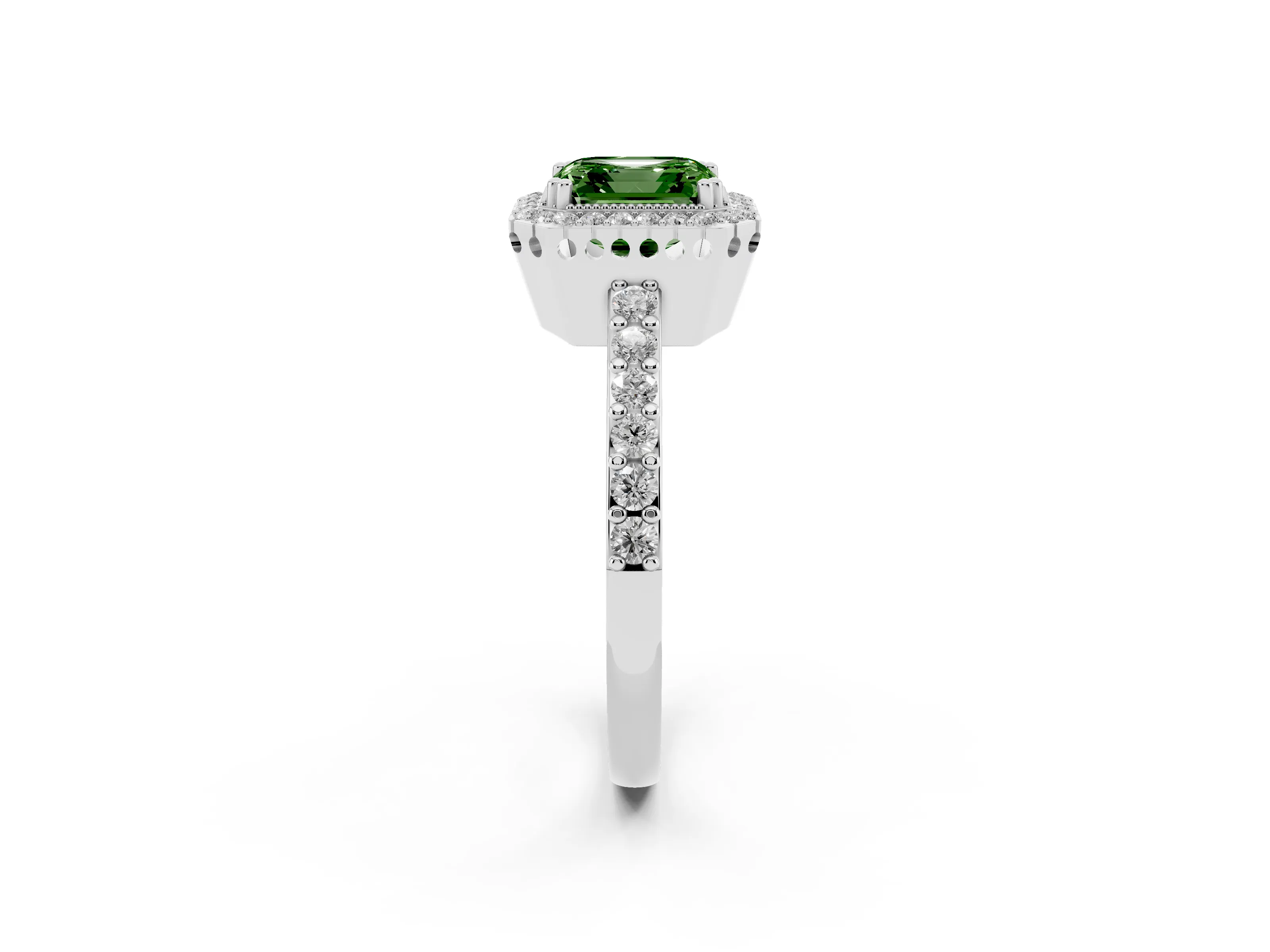 Fancy Green Asscher Cut Diamond Halo Engagement Ring Set in Platinum with Milgrain Detail and Pavé Band