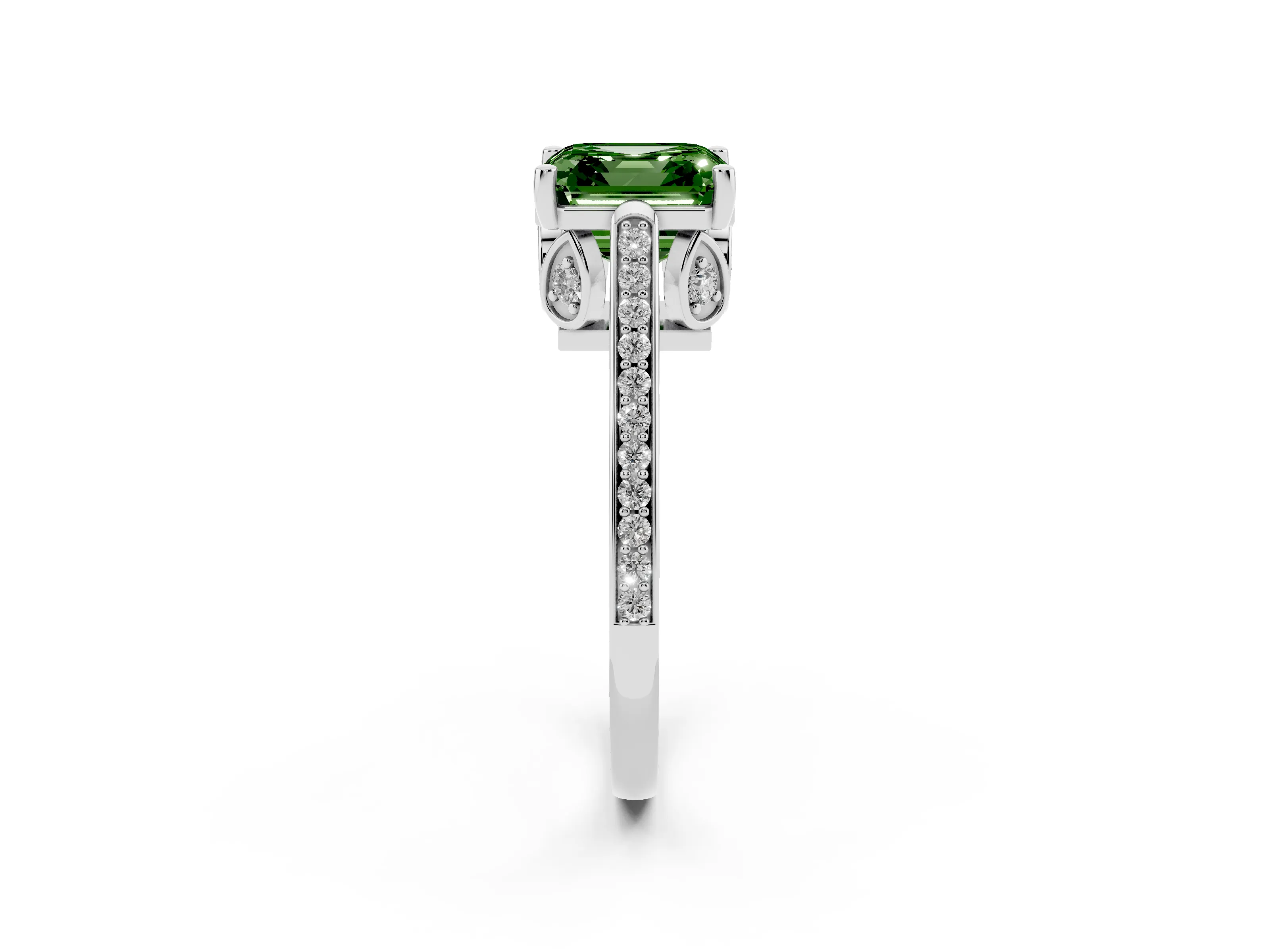 Fancy Green Asscher Cut Diamond Cathedral Pavé Engagement Ring Set in Silver with Prong Setting