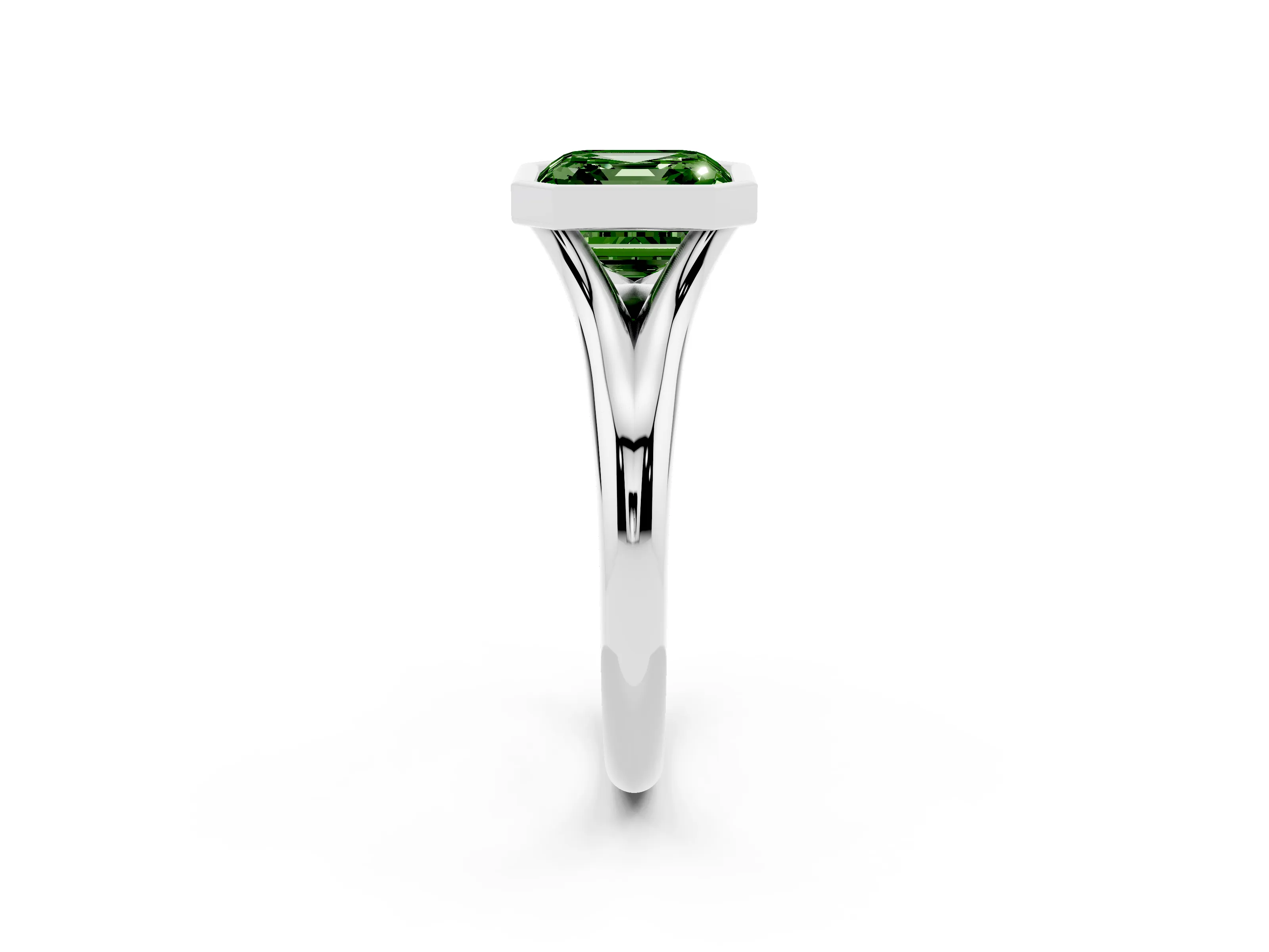 Fancy Green Bezel Set Asscher Cut Diamond Solitaire Ring Set in White gold with Smooth Band