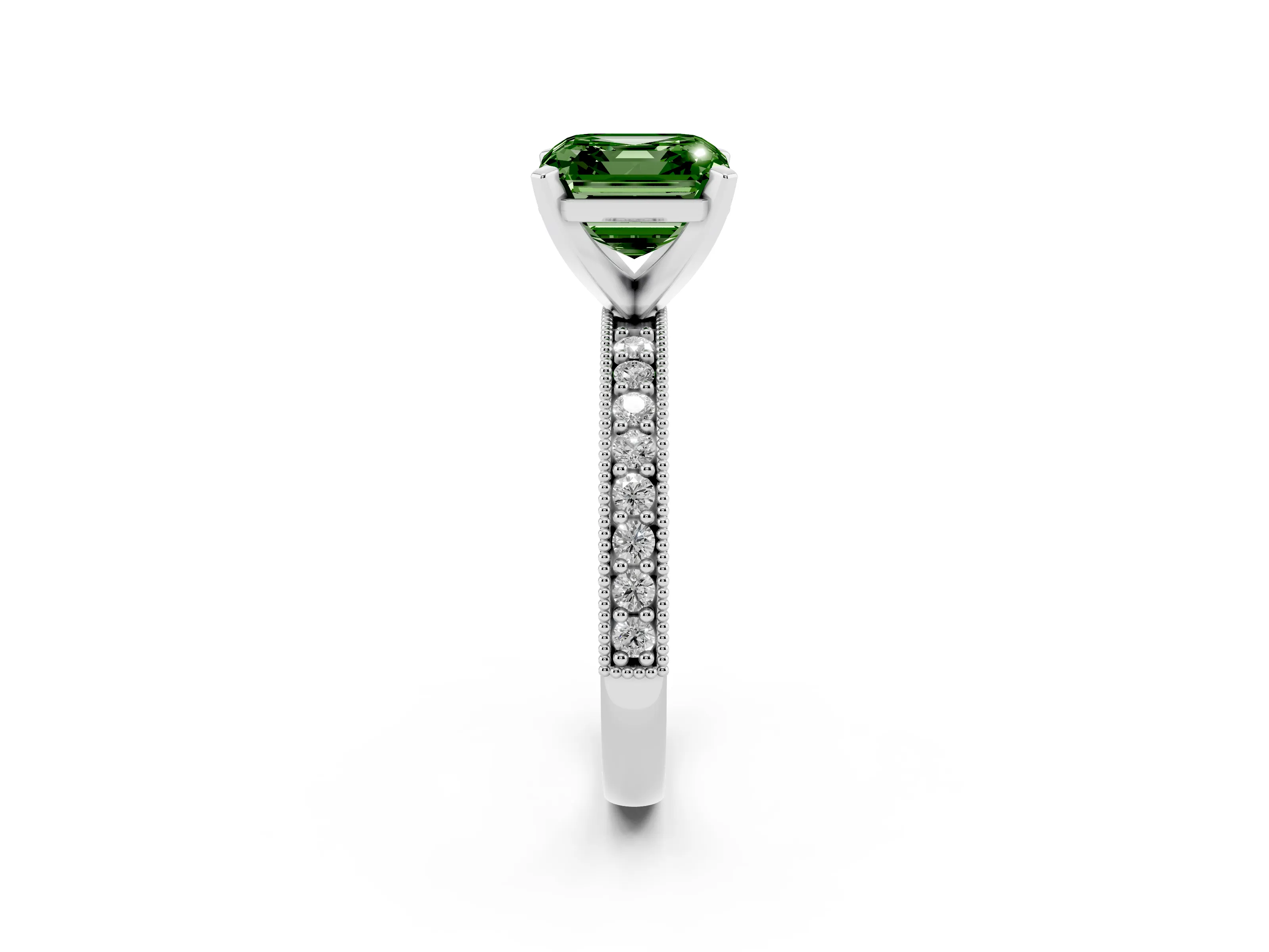 Fancy Green Asscher Cut Diamond Milgrain Pavé Engagement Ring Set in Platinum with Prong Setting