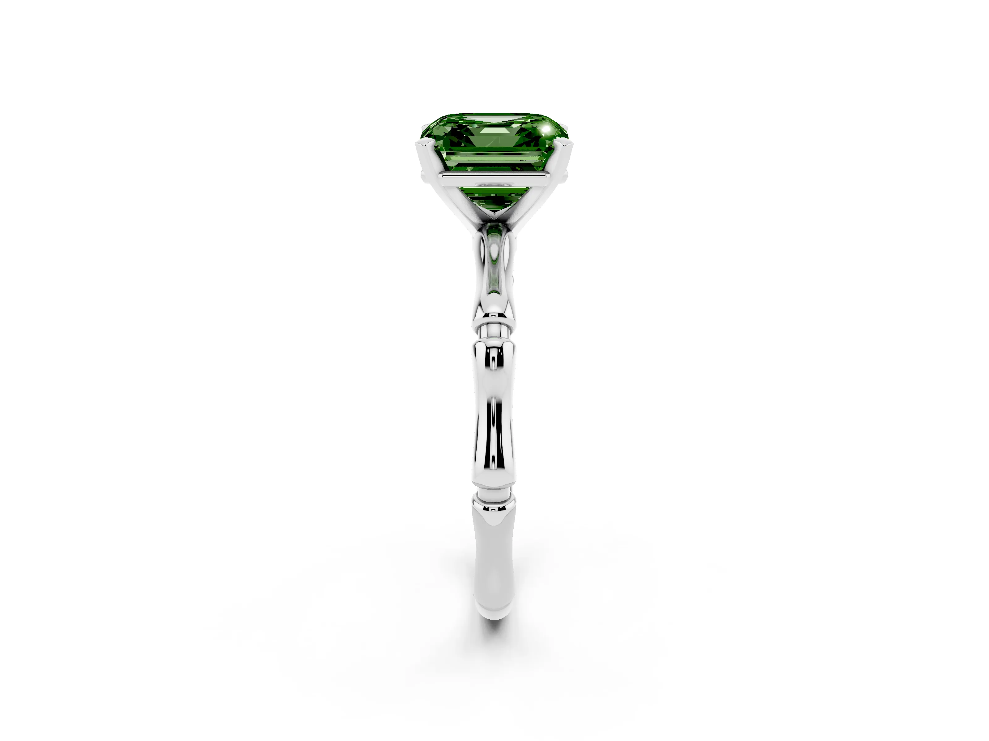 Fancy Green Asscher Cut Diamond Solitaire Ring Set in Platinum with Bamboo Band and Prong Setting