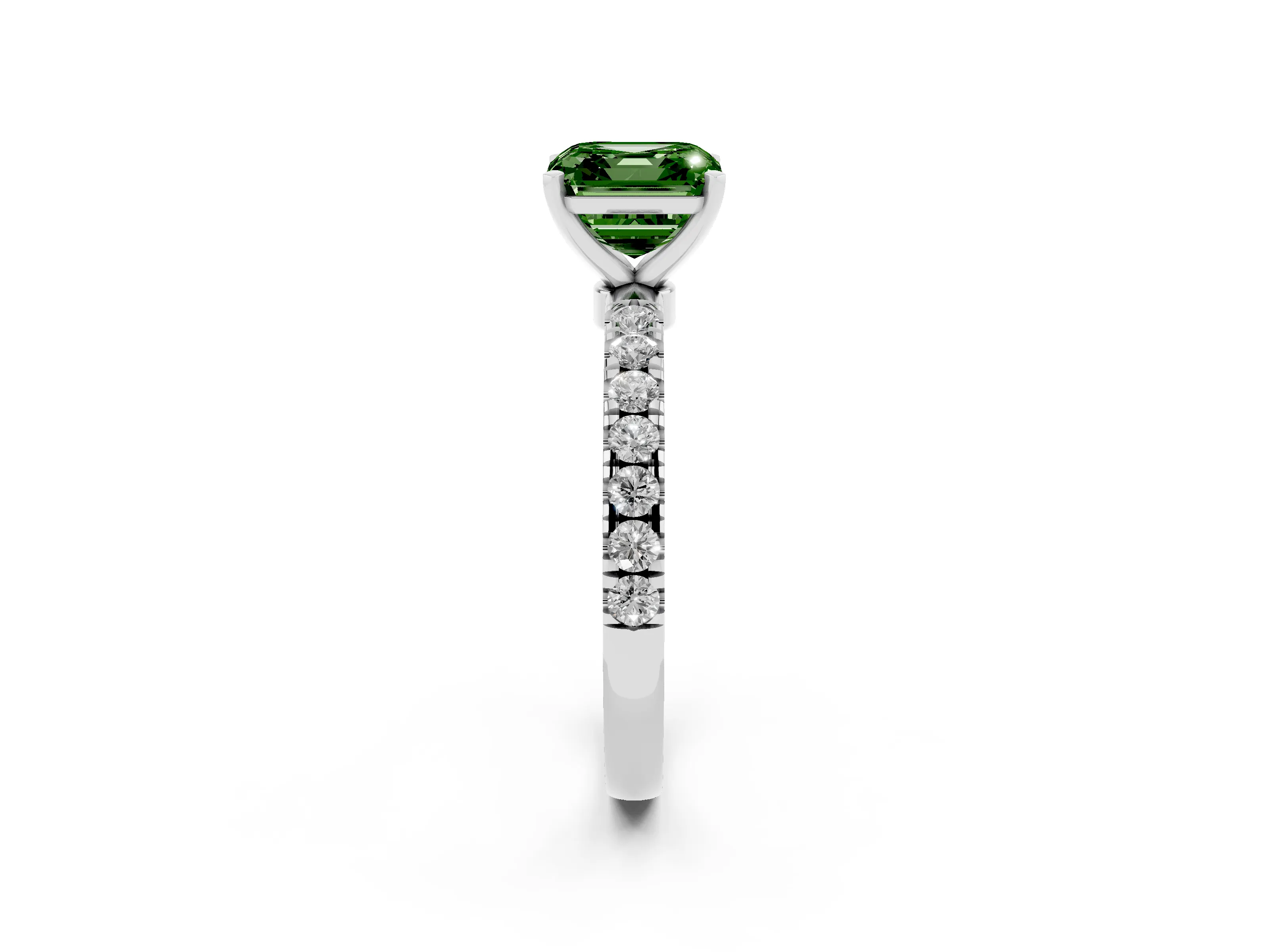Fancy Green Asscher Cut Diamond Solitaire Ring Set in Platinum with Pavé Accents and Prong Setting