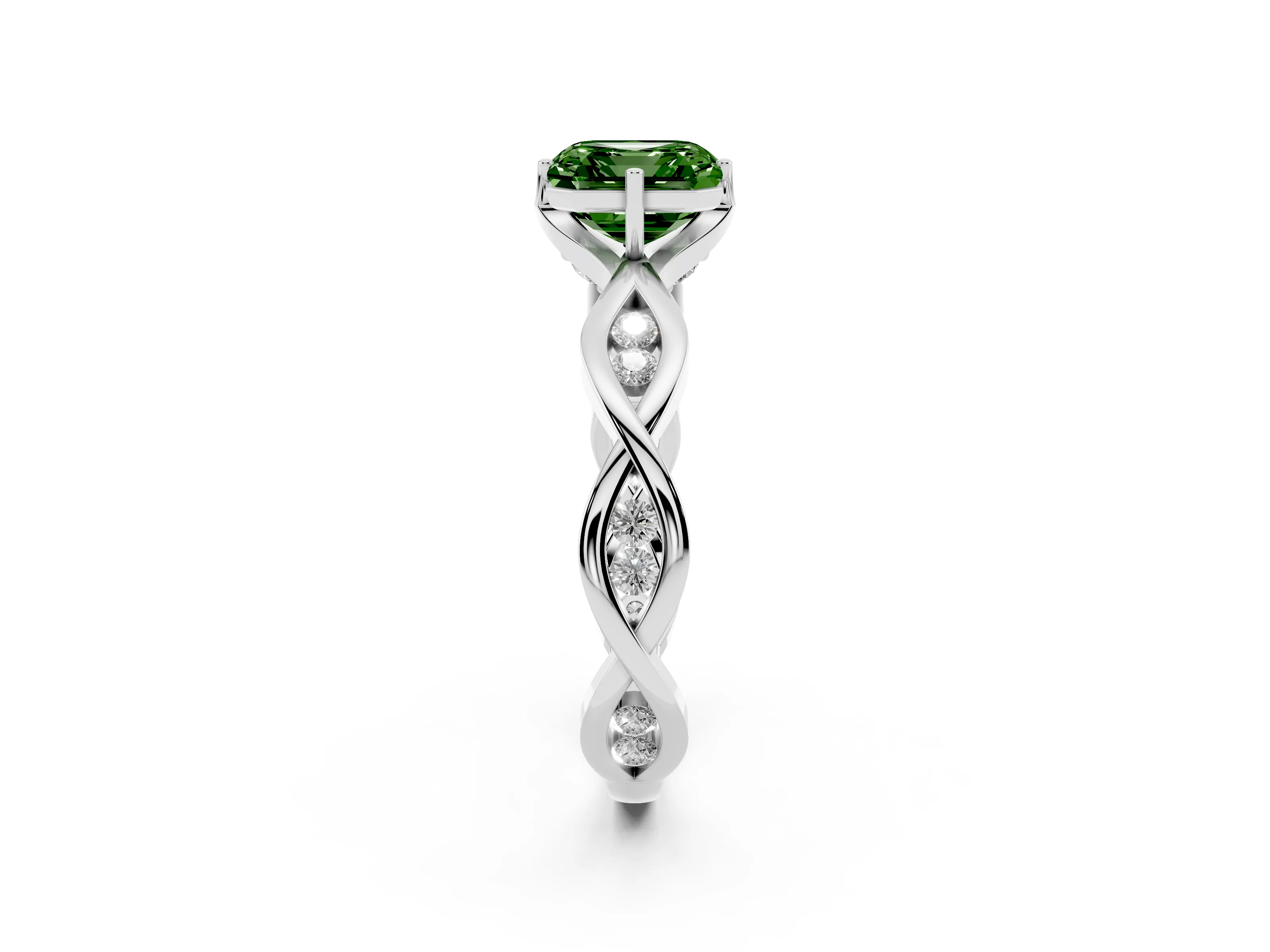 Fancy Green Asscher Cut Diamond Twist Band Solitaire Ring Set in Platinum with Leaf Prong Setting and Accent Stones
