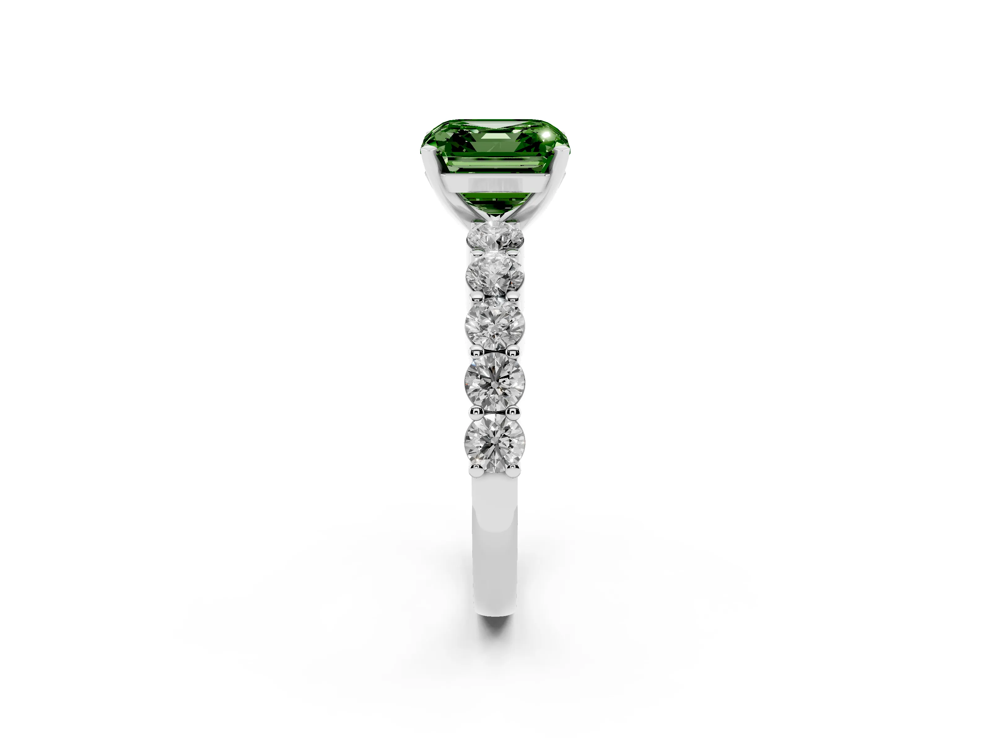 Fancy Green Asscher Cut Diamond Solitaire Ring Set in White gold with Shared Prong Round Side Stones