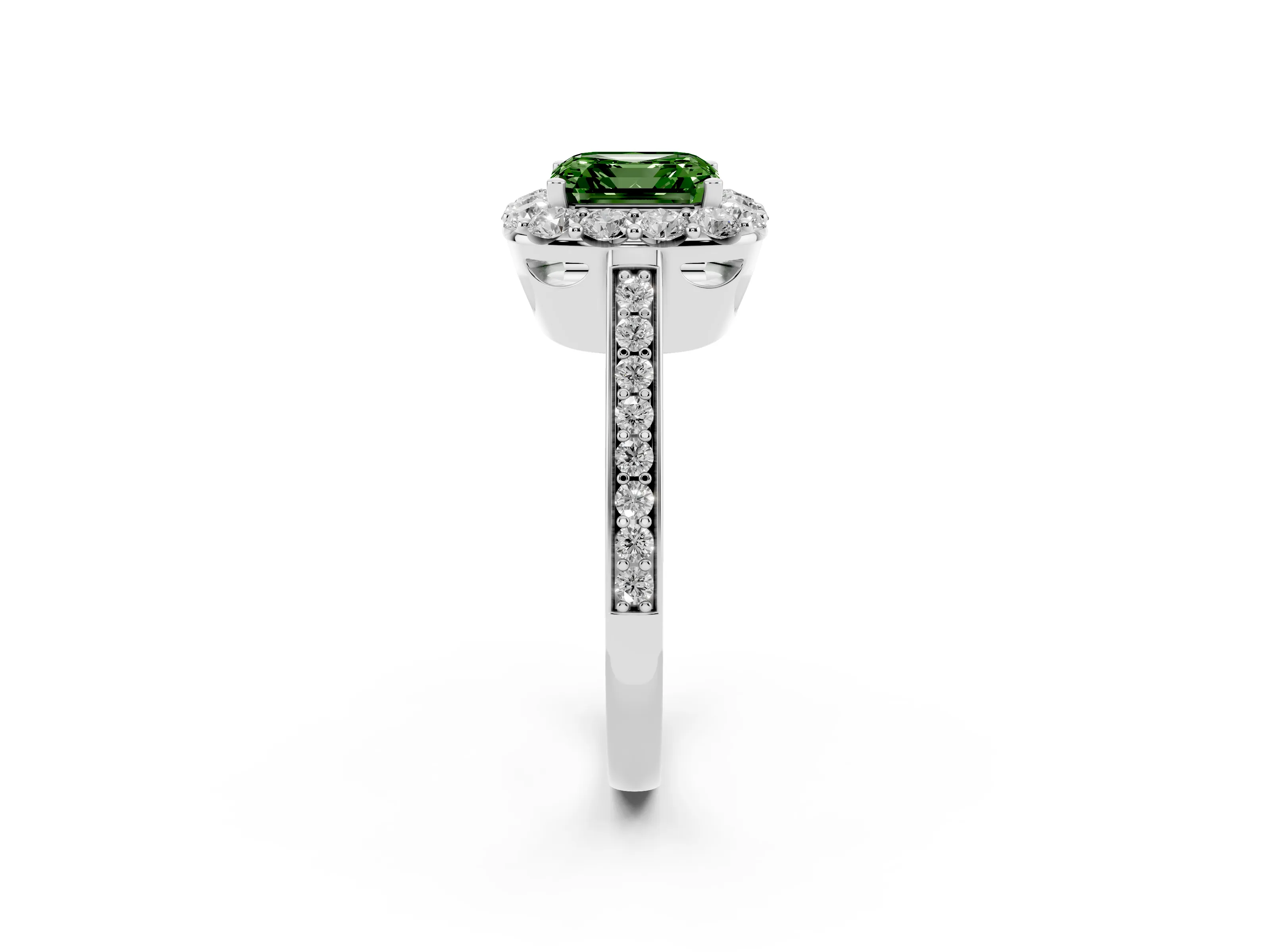 Fancy Green Asscher Cut Diamond Floral Halo Ring Set in Platinum with Pavé Band and Prong Setting