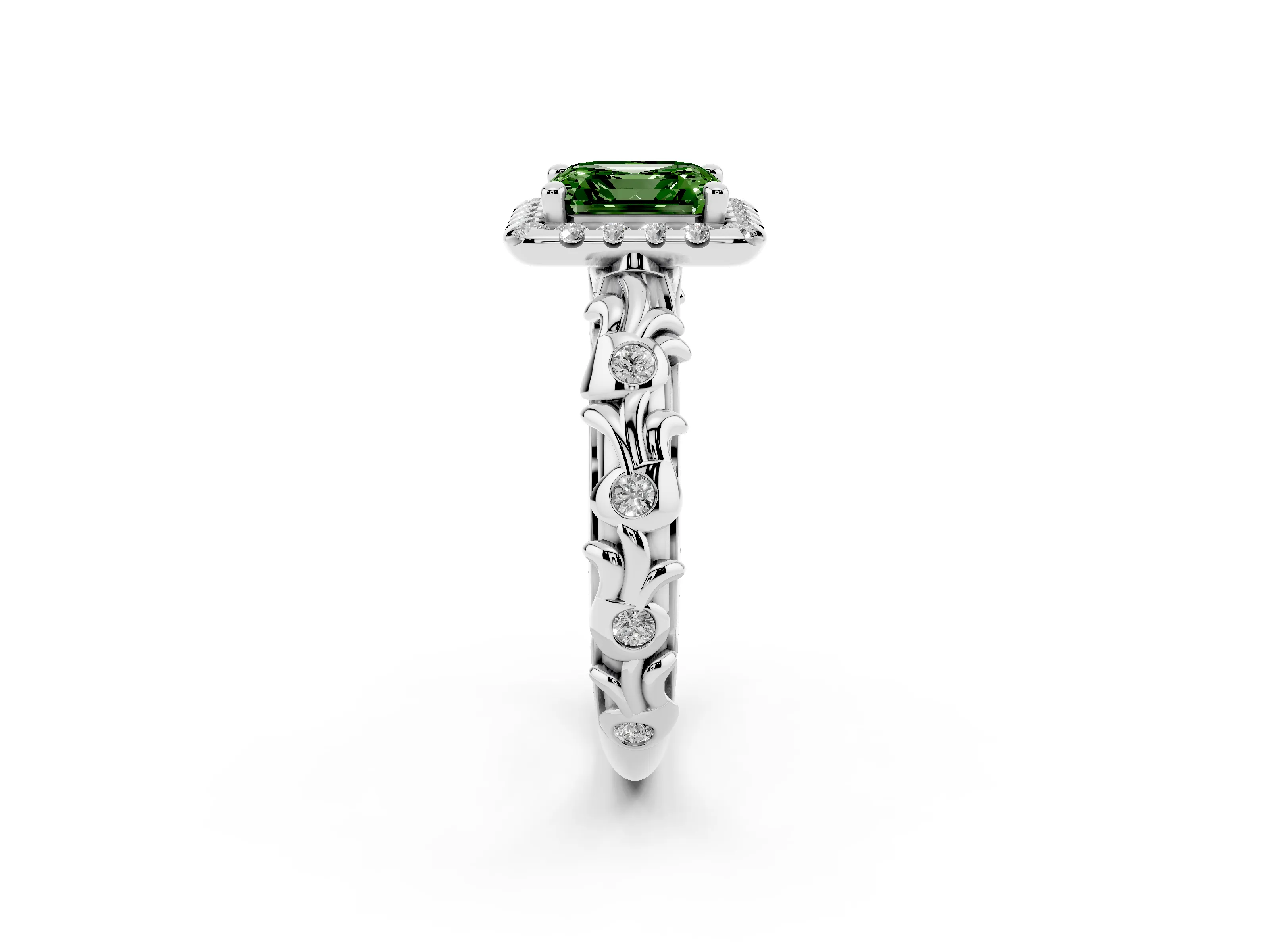 Fancy Green Asscher Cut Diamond Halo Ring Set in Platinum with Filigree Leaf Band and Prong Setting