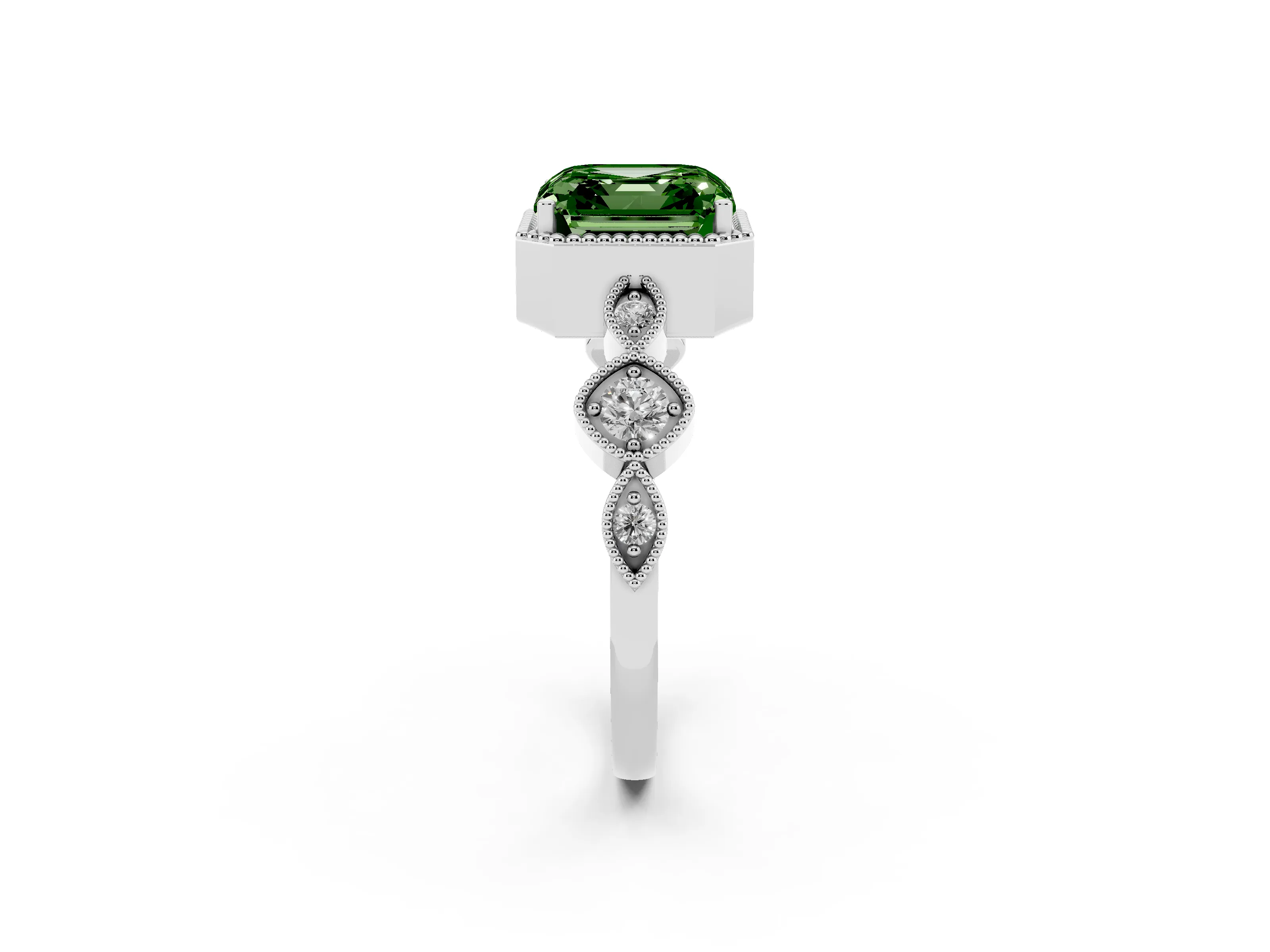 Fancy Green Asscher Cut Diamond Vintage-Inspired Milgrain Ring Set in White gold with Marquise Stations of Round Accents
