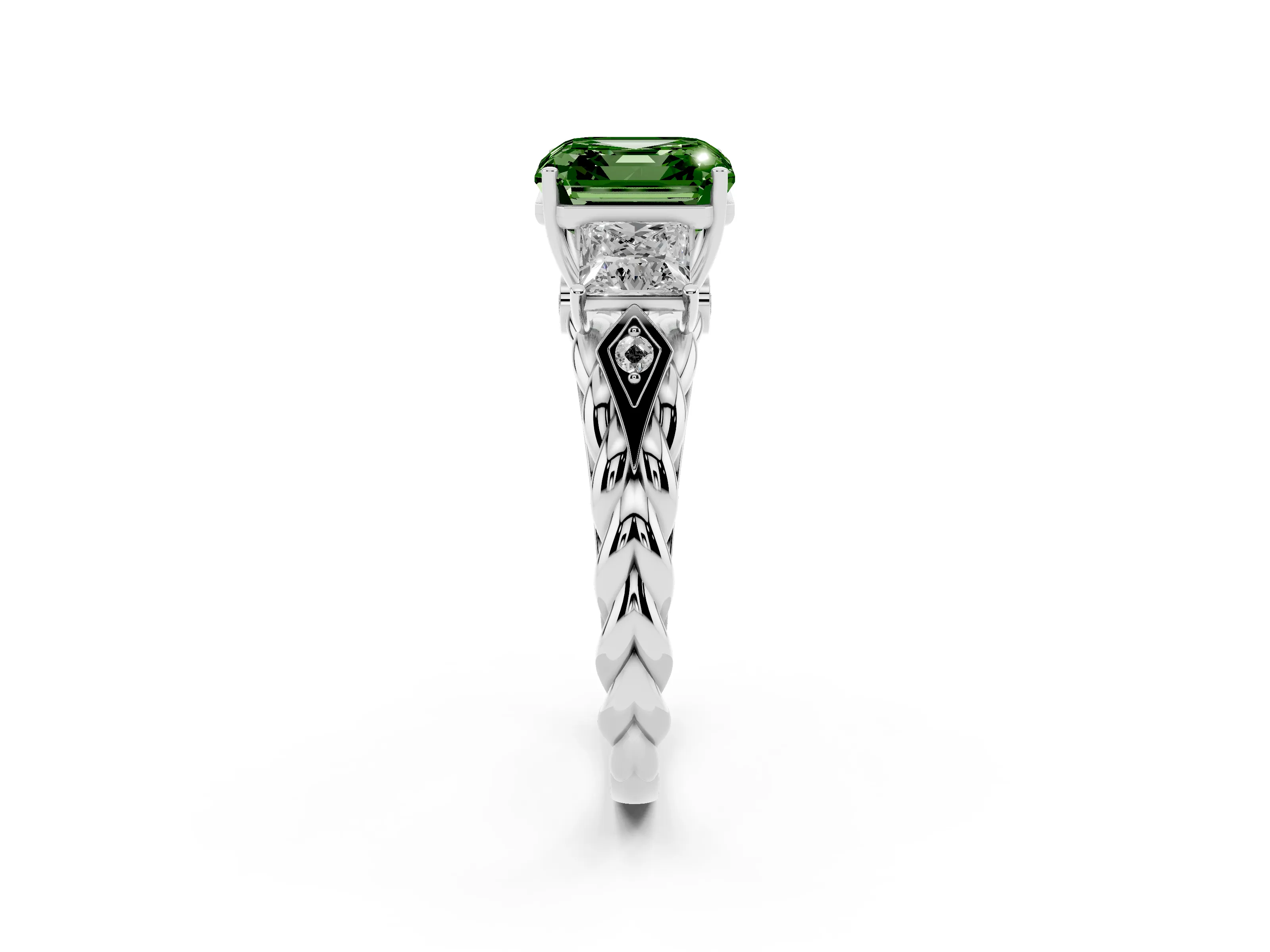 Fancy Green Asscher Cut Diamond Three-Stone Ring Set in White gold with Braided Band