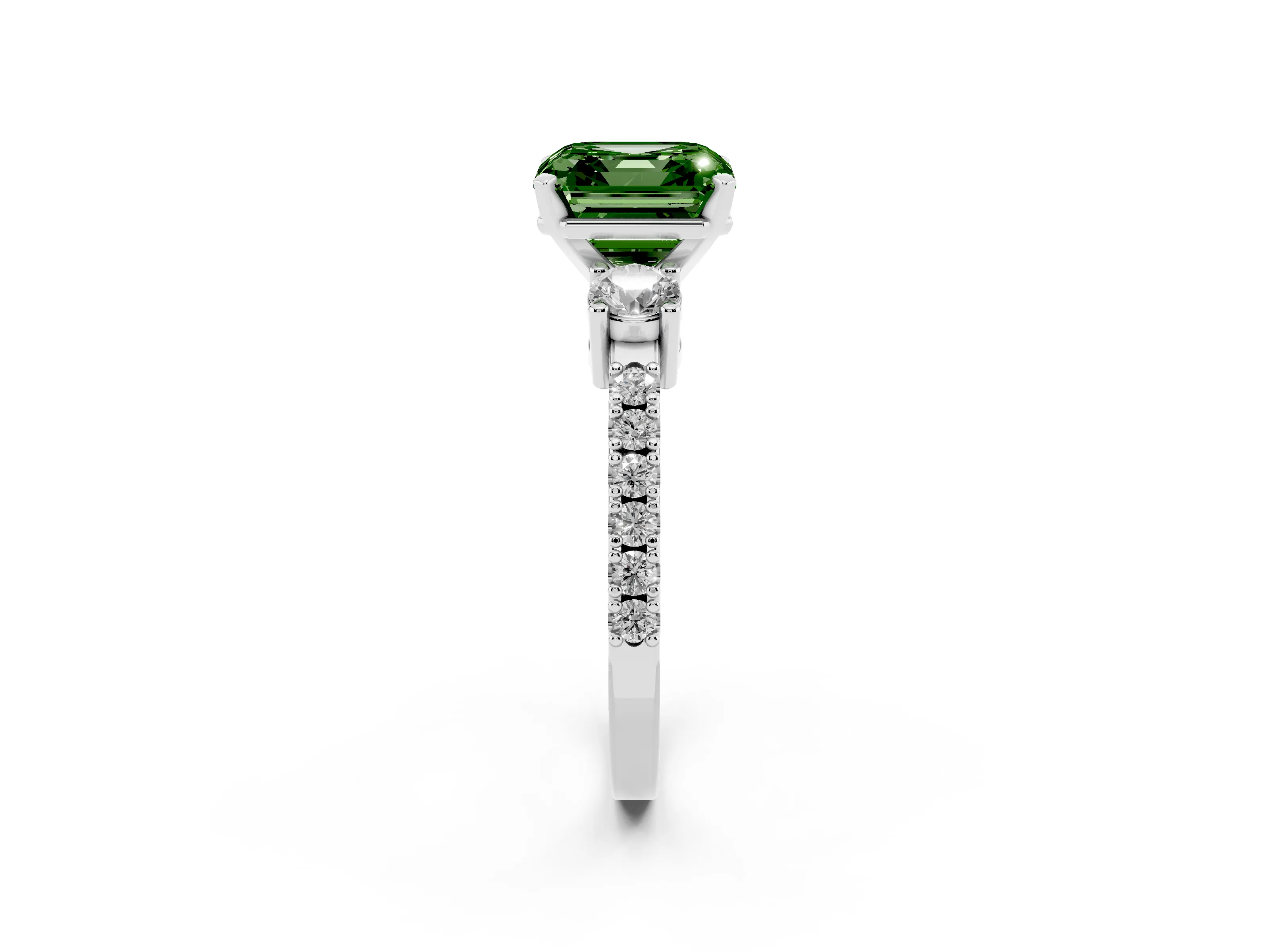 Fancy Green Three-Stone Asscher Cut Diamond Pavé Band Ring Set in Silver with Prong Setting