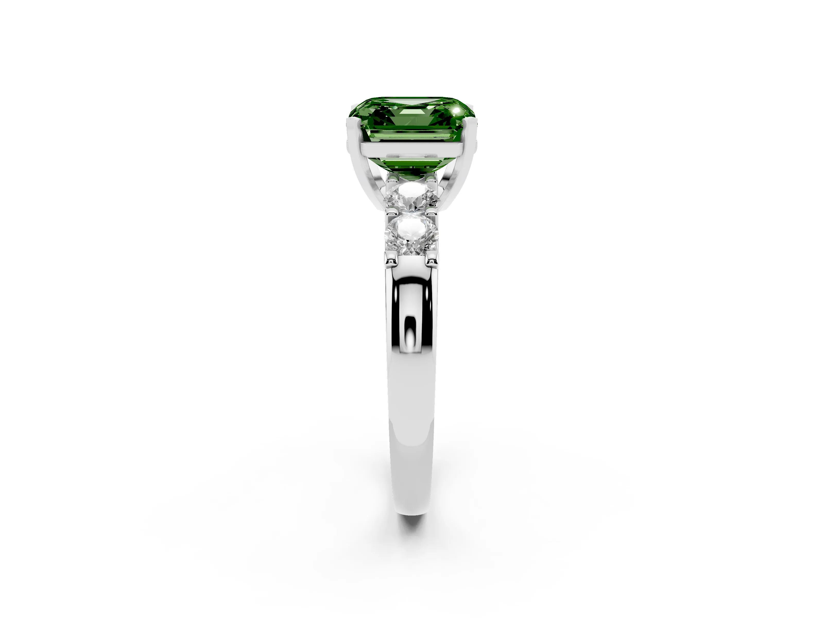 Fancy Green Asscher Cut Diamond Five-Stone Prong Set Engagement Ring Set in White gold with Channel Band
