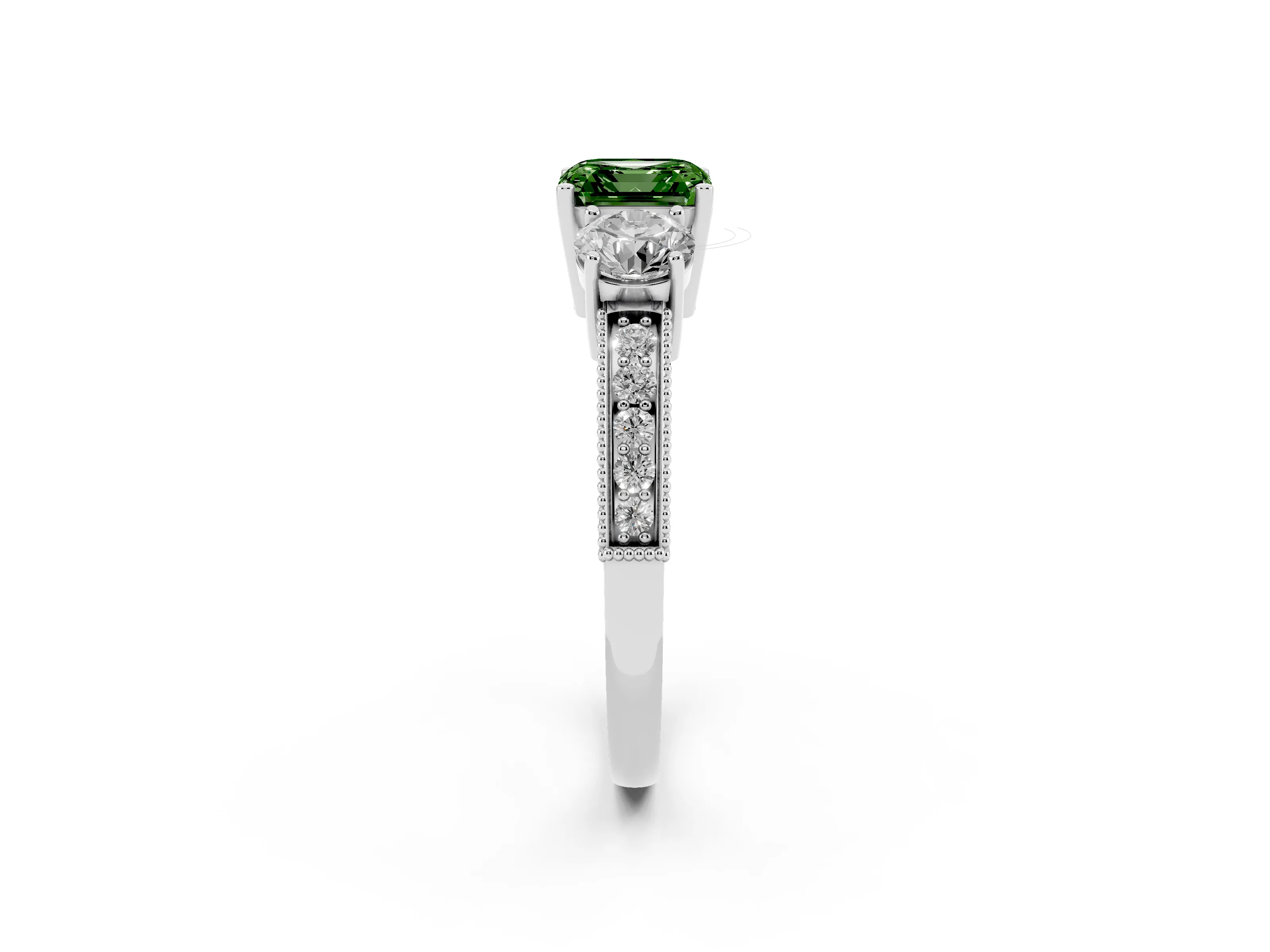 Fancy Green Asscher Cut Diamond Three-Stone Ring Set in White gold with Round Side Stones and Pavé Band