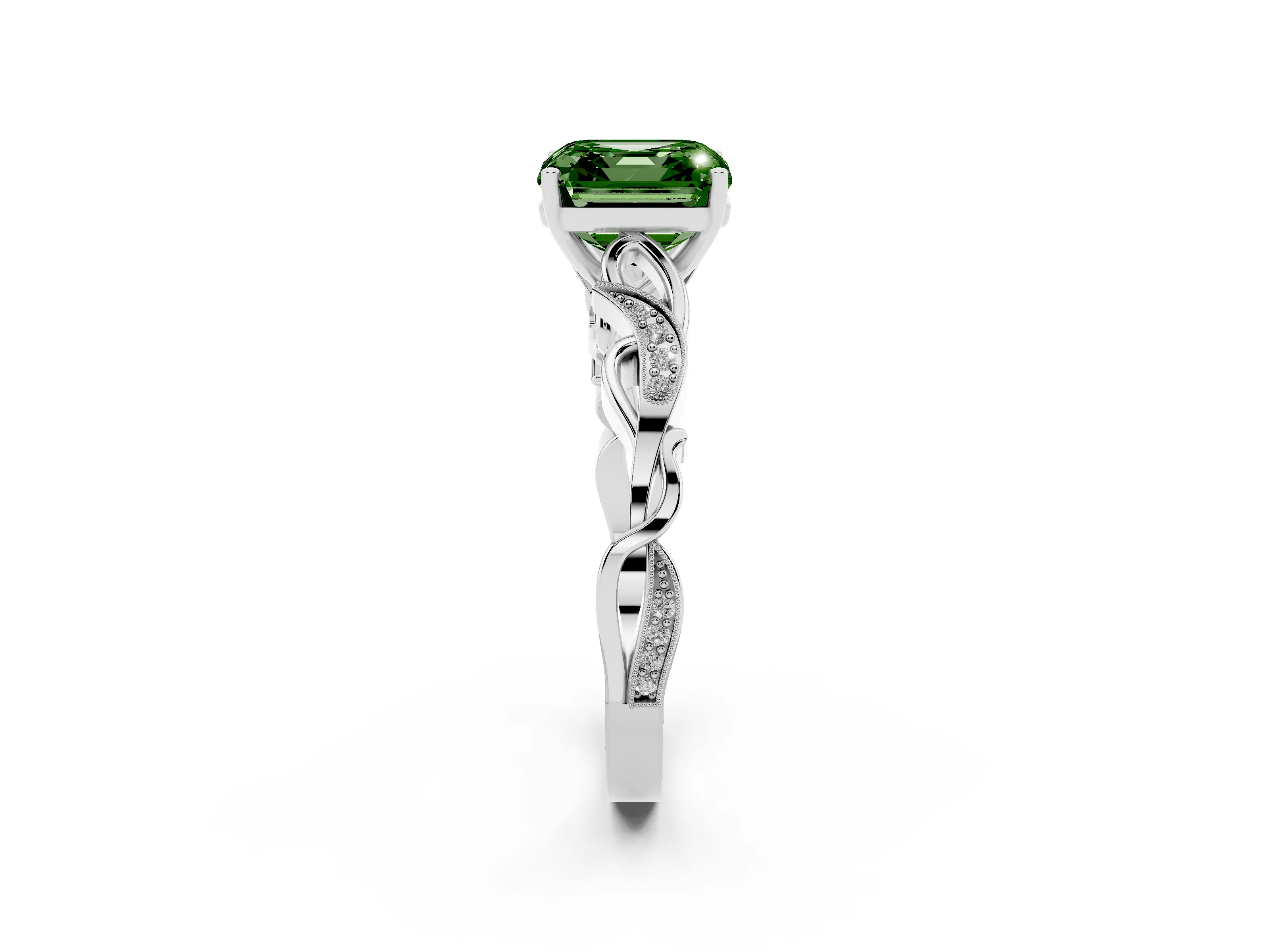 Fancy Green Asscher Cut Diamond Vine Band Solitaire Ring Set in White gold with Milgrain Prong Setting