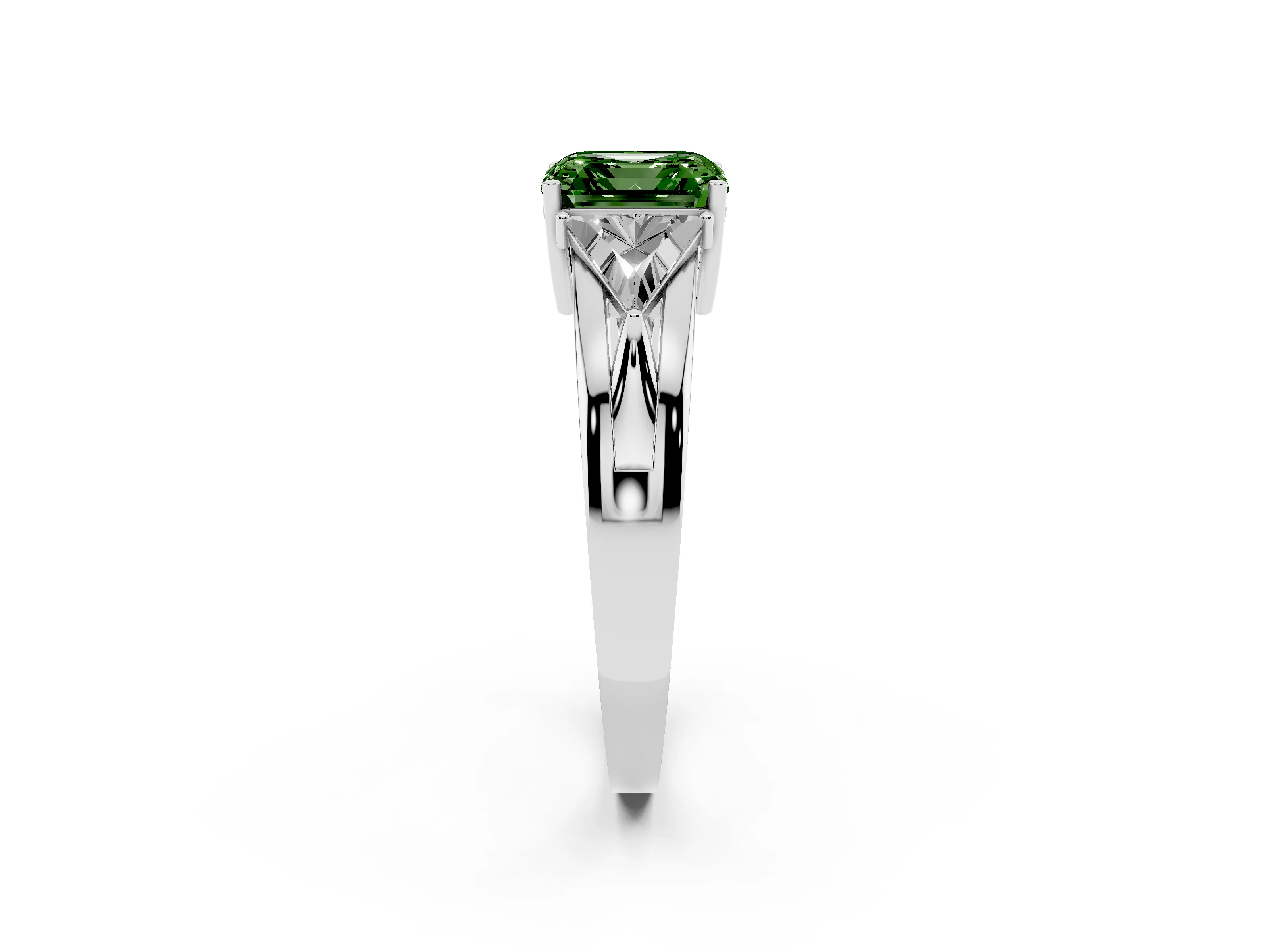Fancy Green Asscher Cut Diamond Three-Stone Ring Set in White gold with Trillion Side Stones and Split Shank