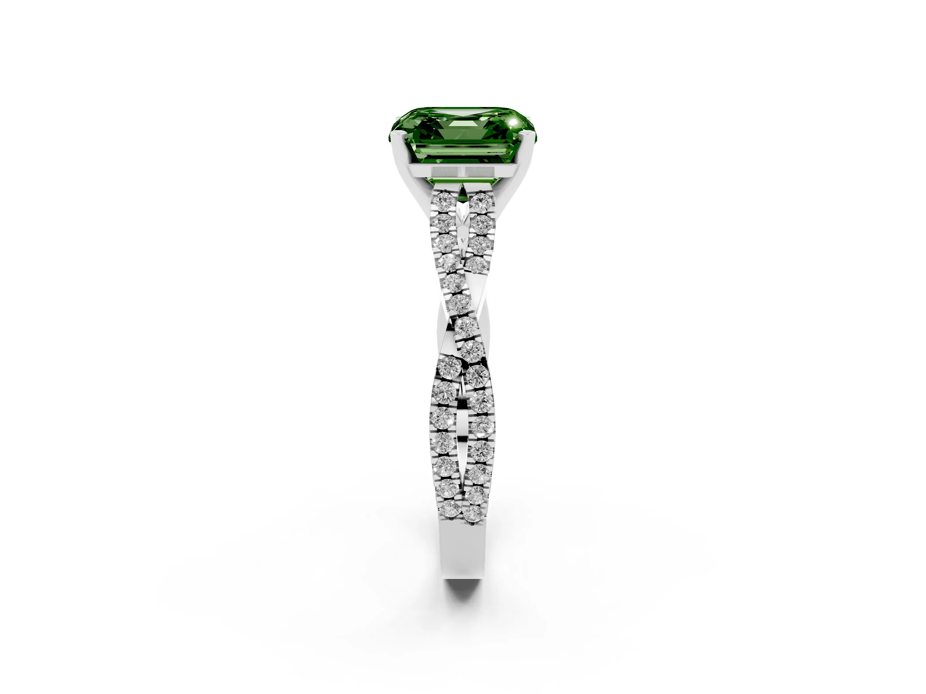 Fancy Green Asscher Cut Diamond Solitaire Engagement Ring Set in White gold with Twisted Pavé Band and Prong Setting