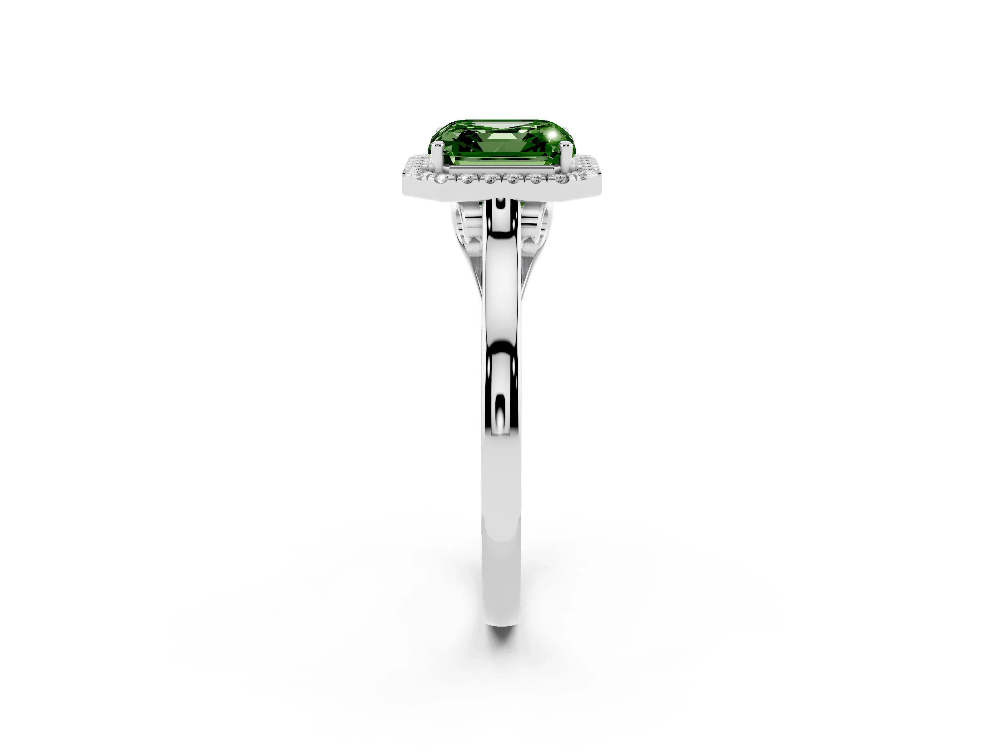 Fancy Green Asscher Cut Halo Round Diamond Solitaire Ring Set in White gold with Pavé Band and Prong Setting