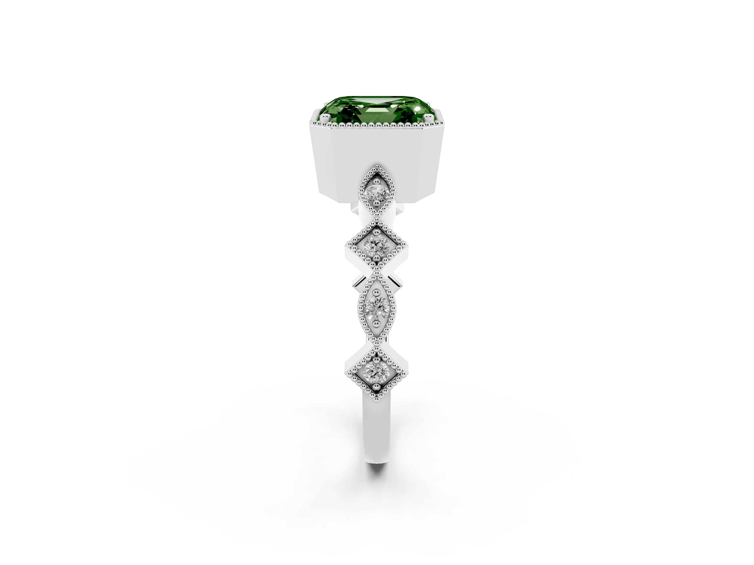 Fancy Green Asscher Cut Diamond Milgrain Marquise Twist Band Ring Set in Platinum with Prong Setting