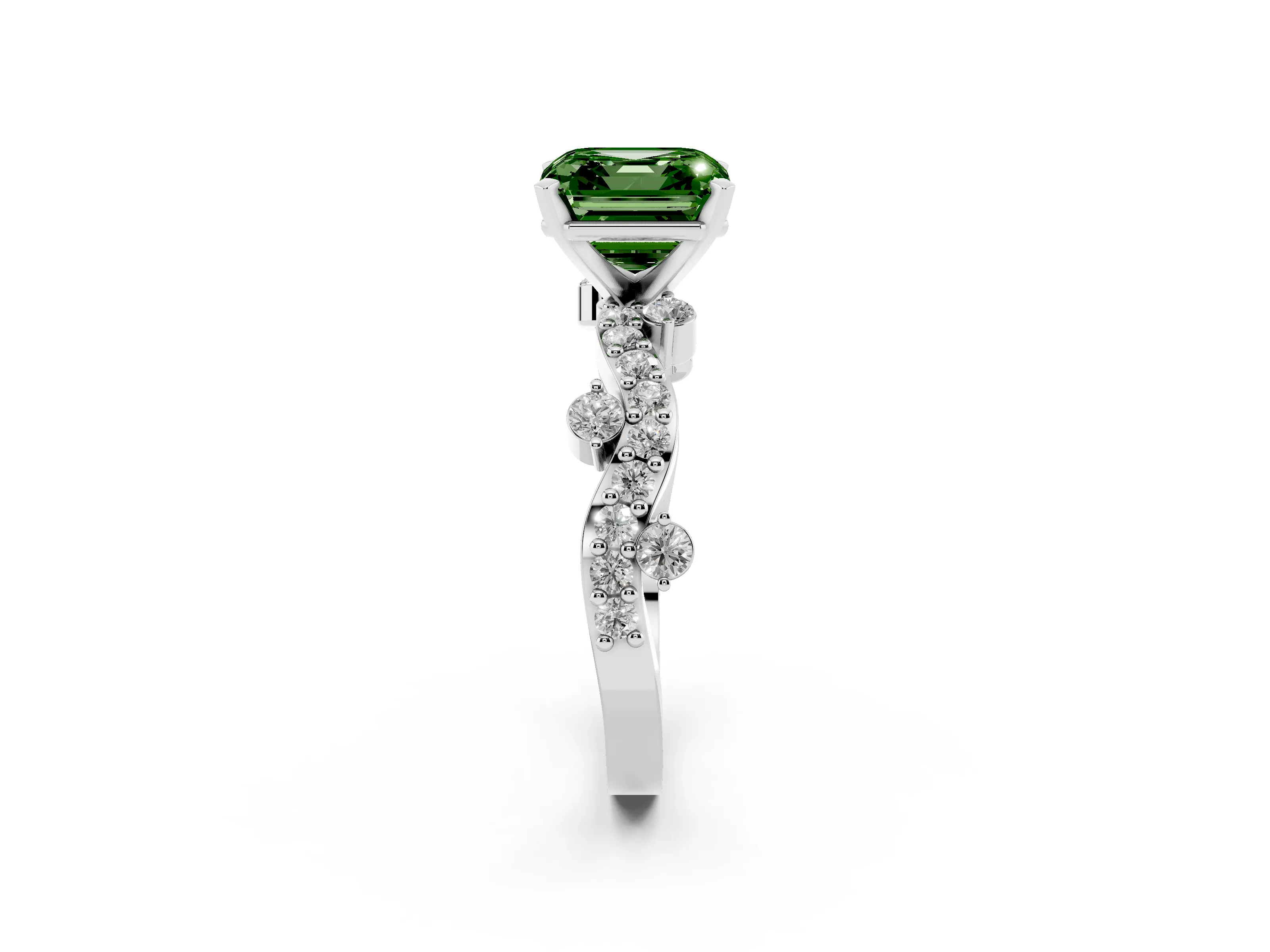 Fancy Green Asscher Cut Diamond Solitaire Twisted Band Set in White gold with Pavé Setting