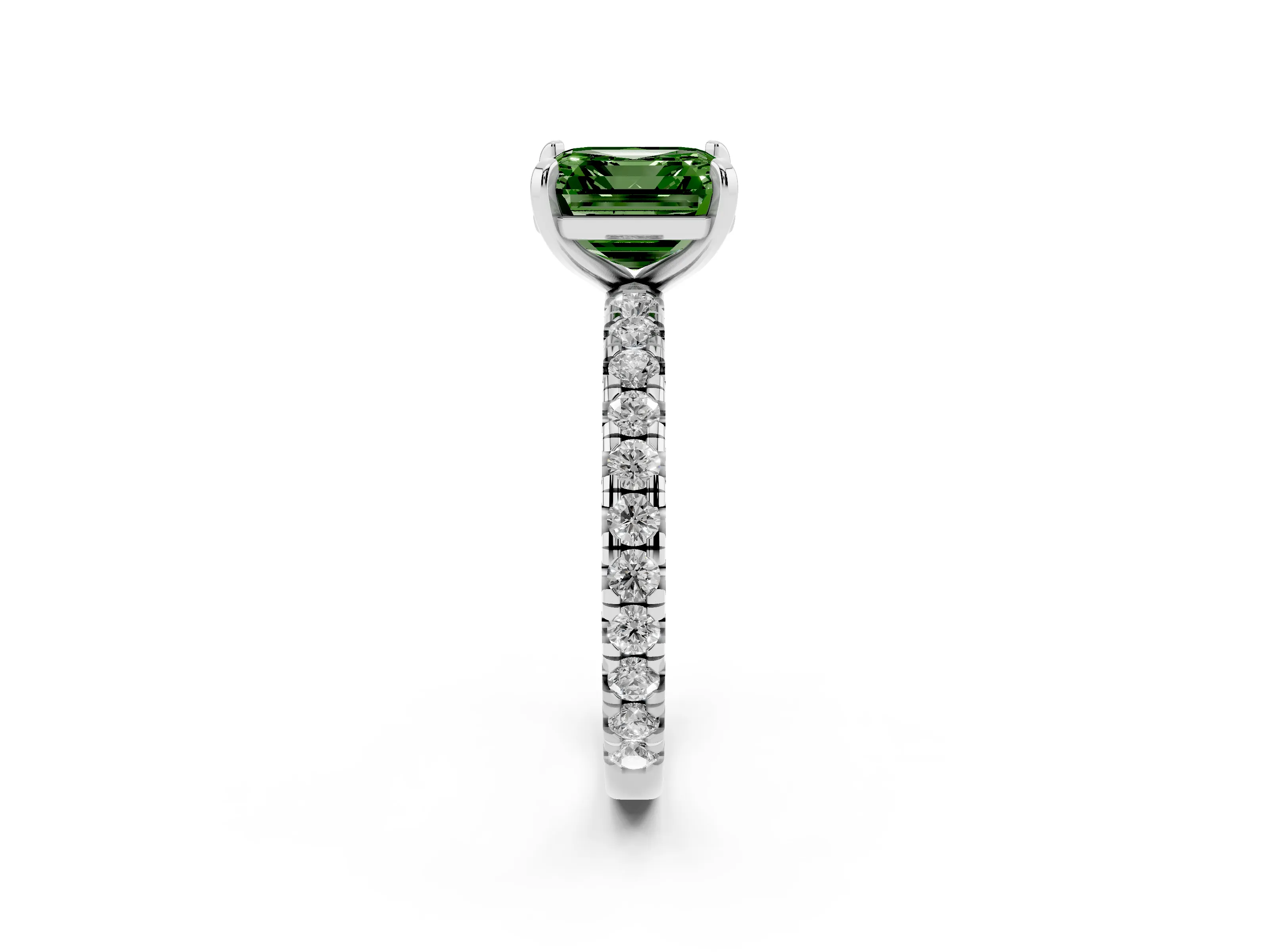 Fancy Green Asscher Cut Diamond Pavé Solitaire Ring Set in White gold with Round Band and Prong Setting